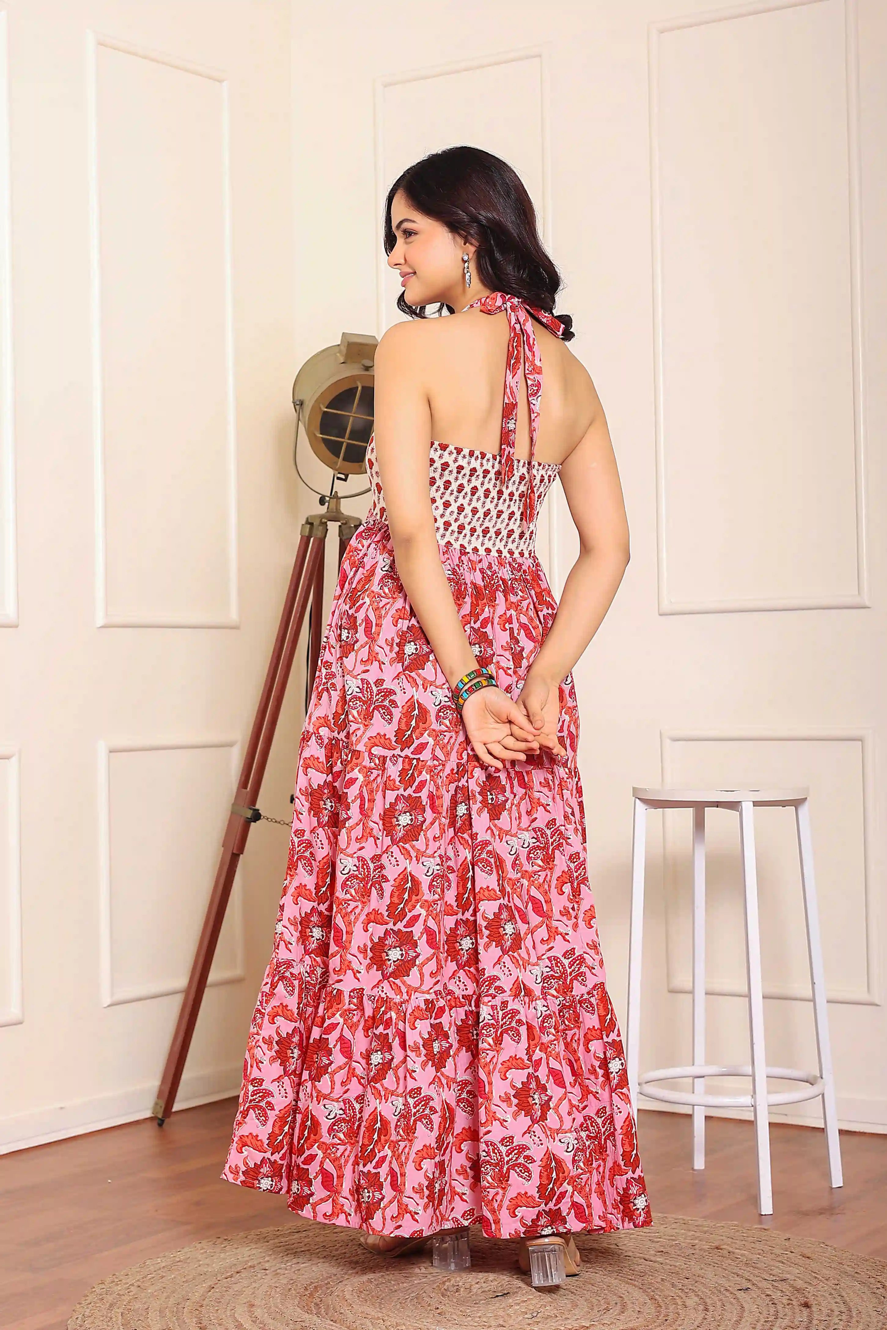Pink Floral Hand Printed Halter Maxi Dress