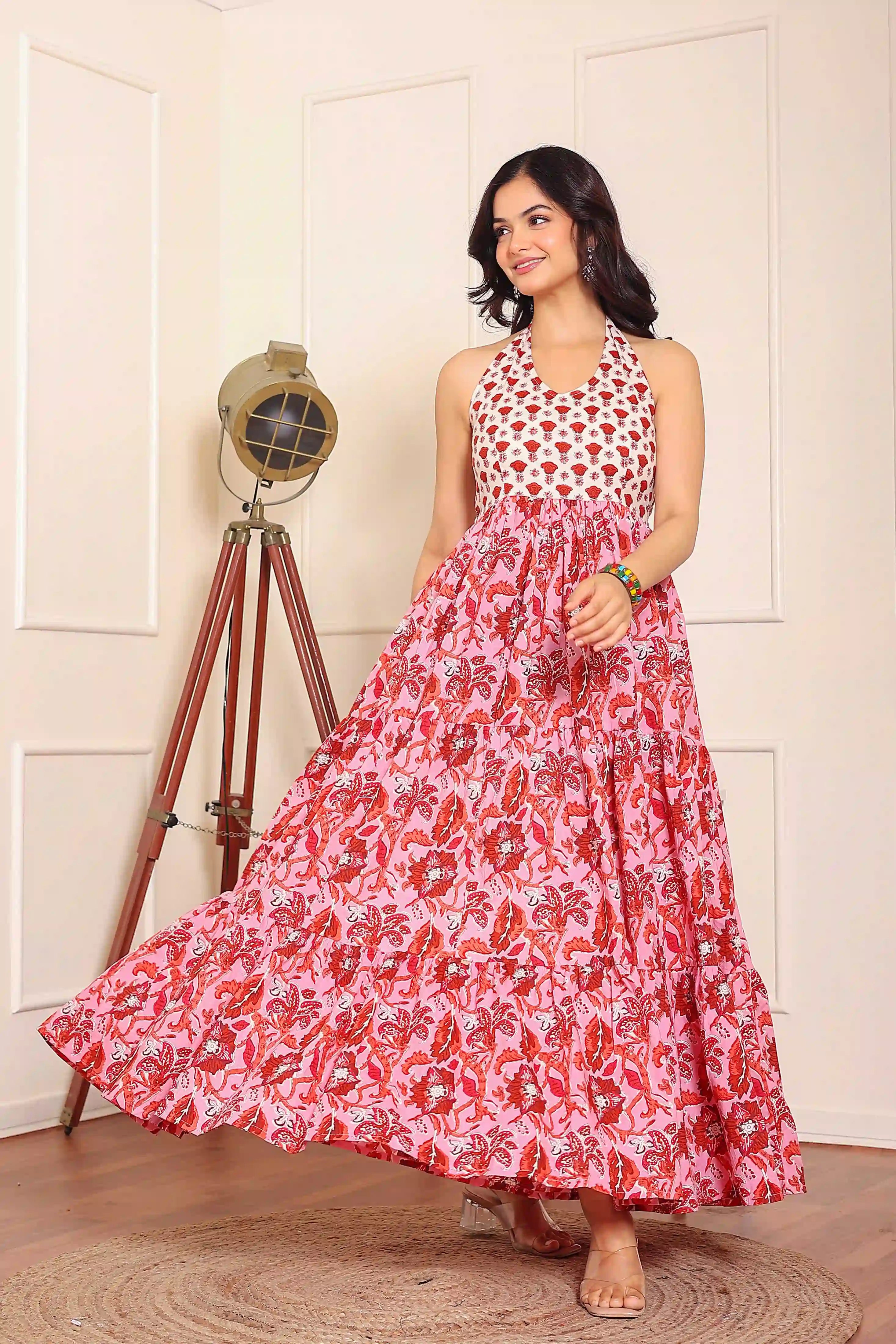 Pink Floral Hand Printed Halter Maxi Dress