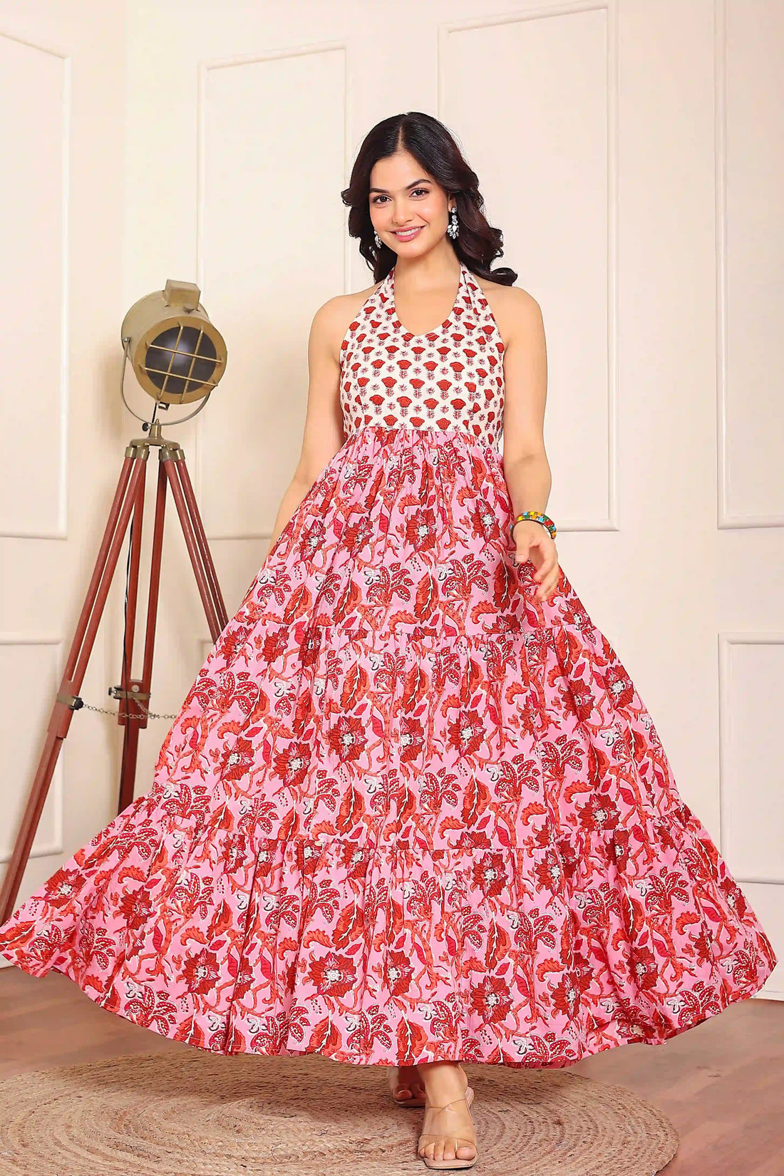 Pink Floral Hand Printed Halter Maxi Dress