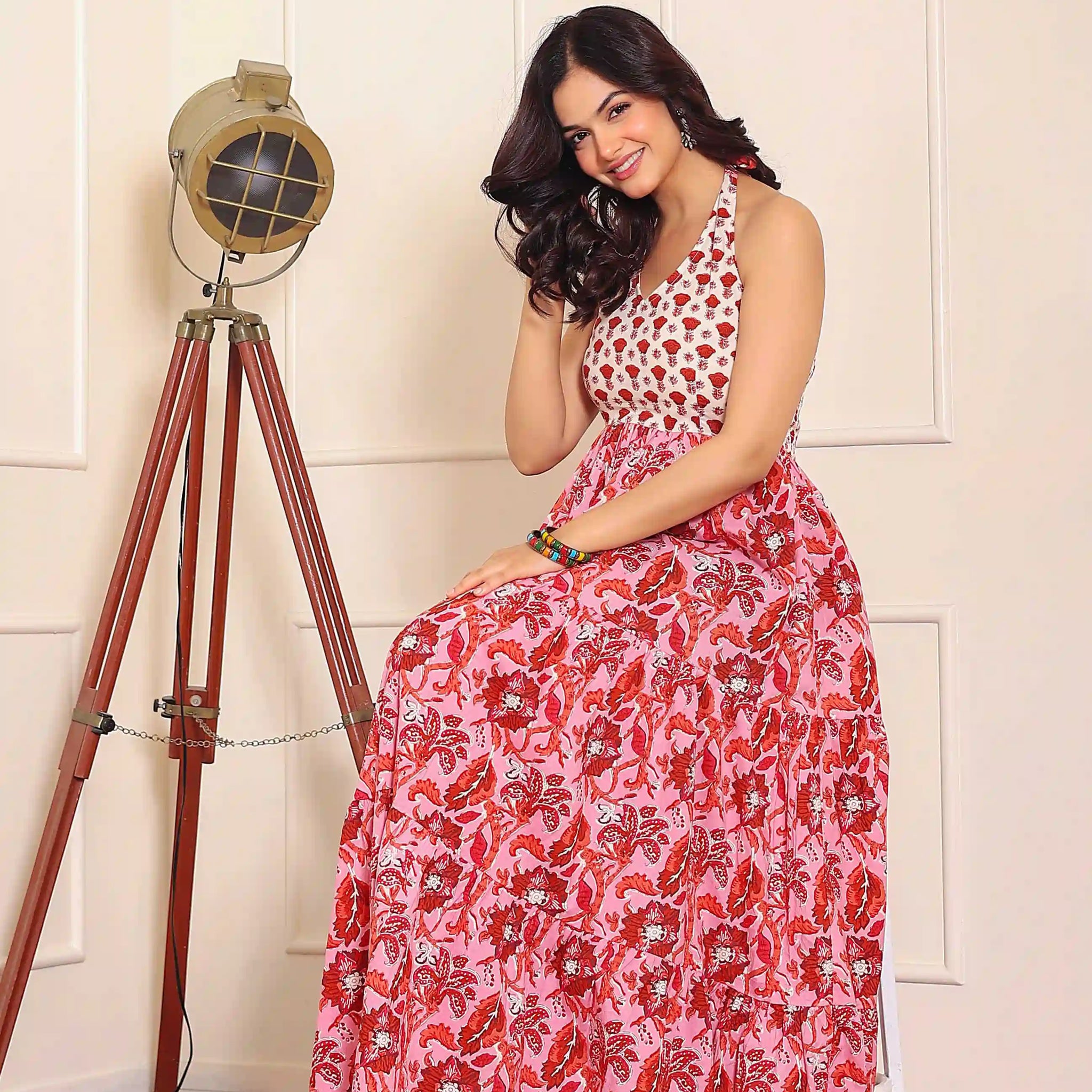 Pink Floral Hand Printed Halter Maxi Dress