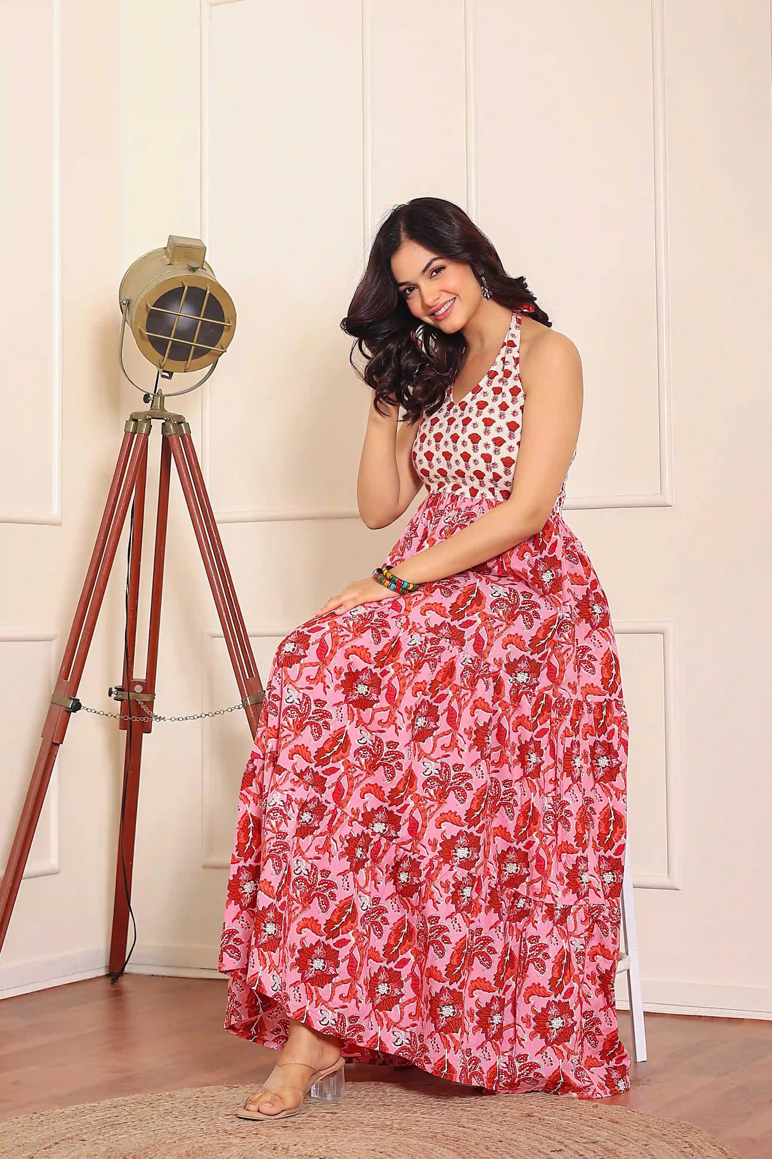 Pink Floral Hand Printed Halter Maxi Dress