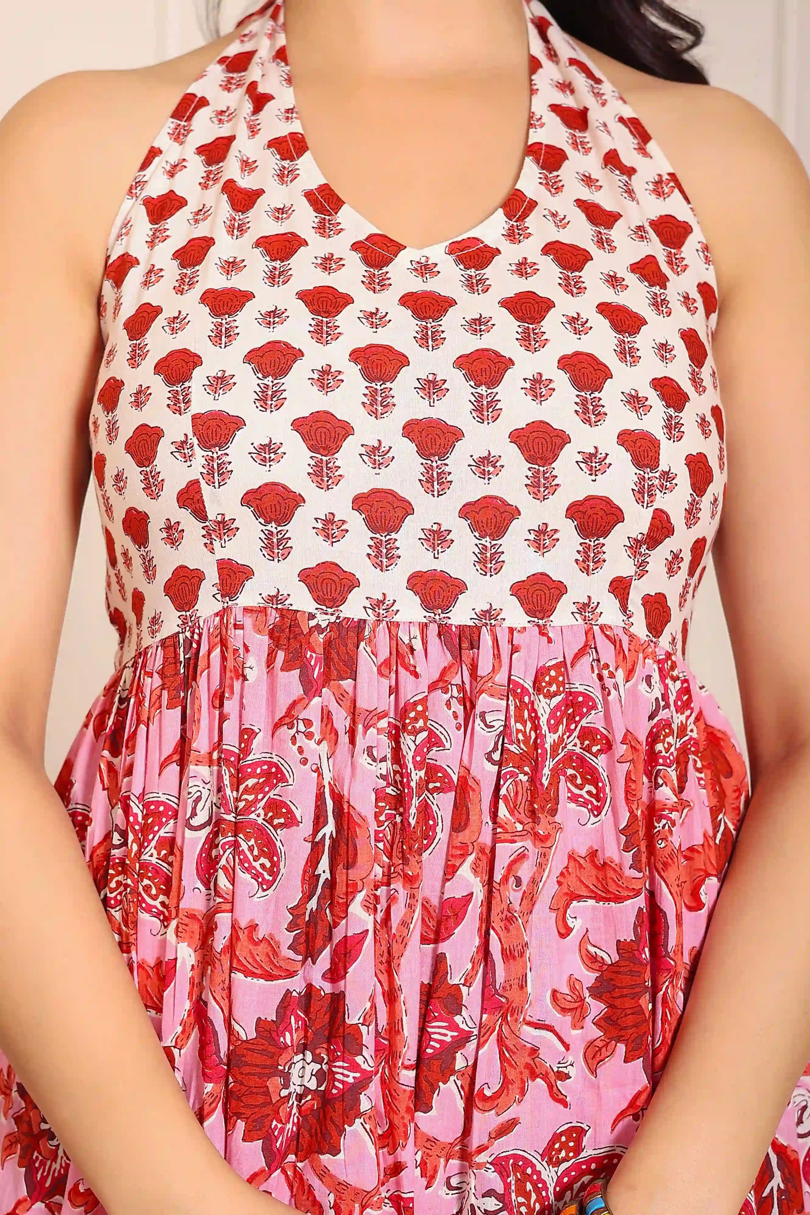 Pink Floral Hand Printed Halter Maxi Dress