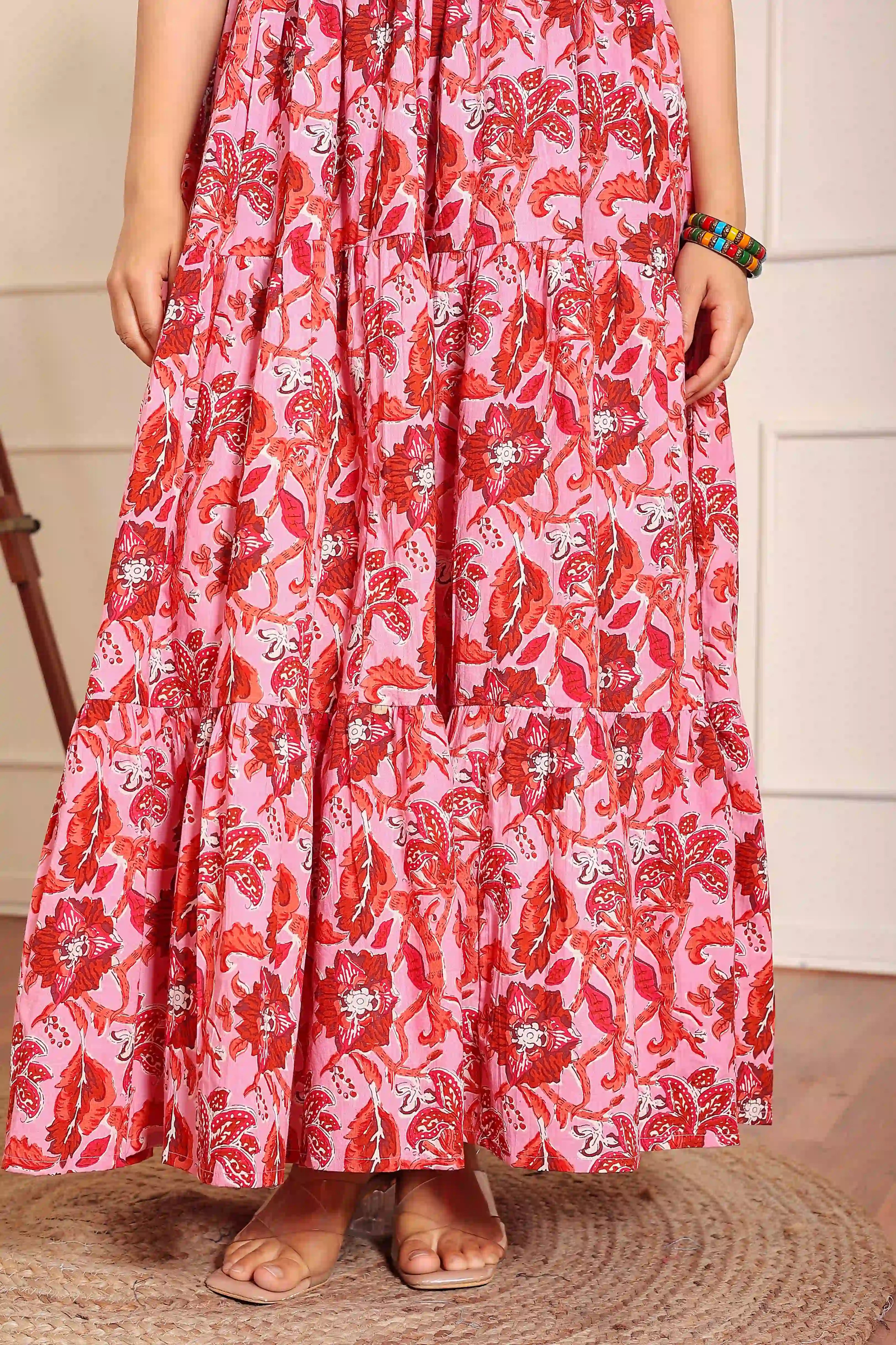 Pink Floral Hand Printed Halter Maxi Dress