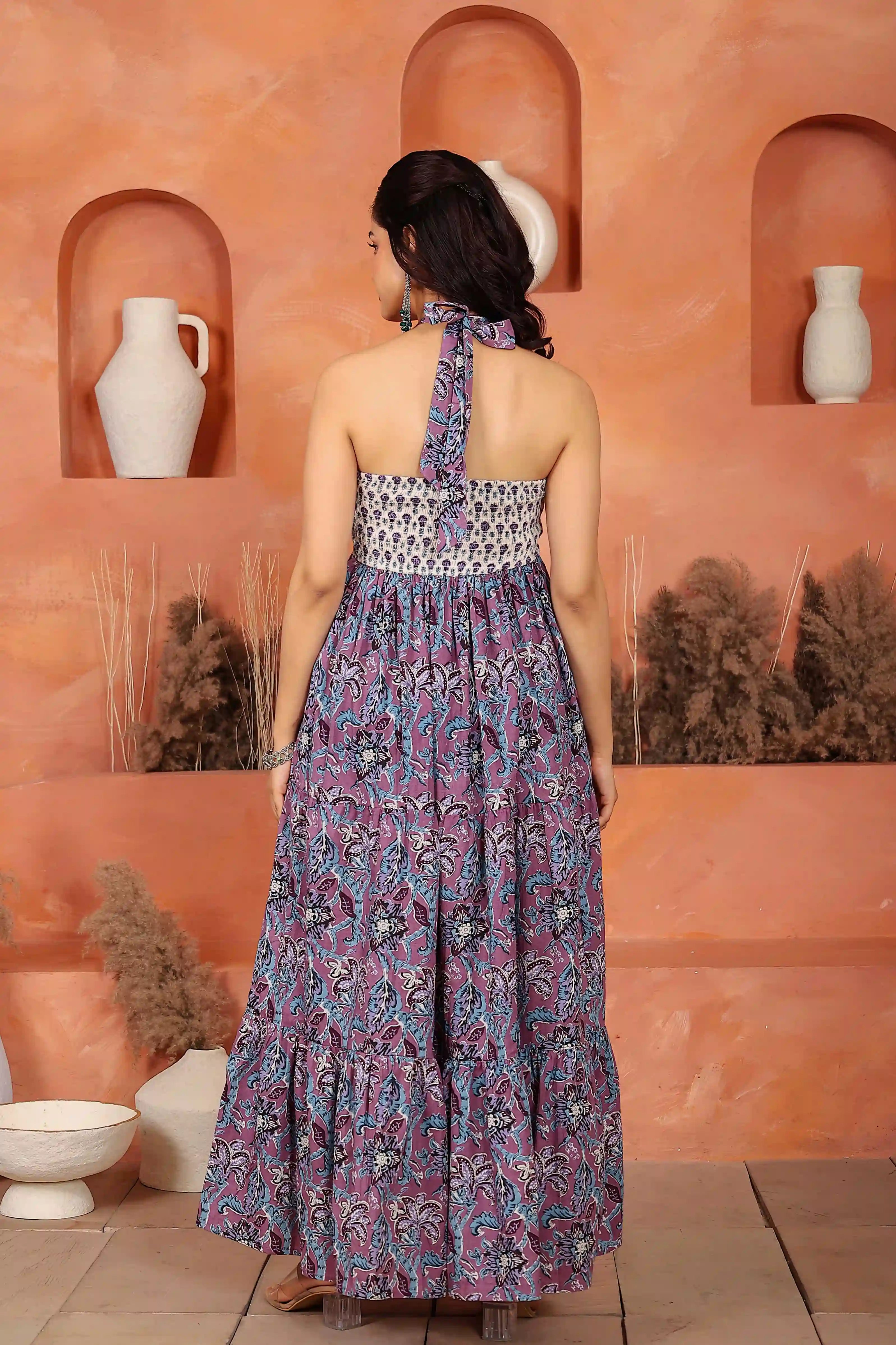 Light Violet Floral Hand Printed Halter Maxi Dress