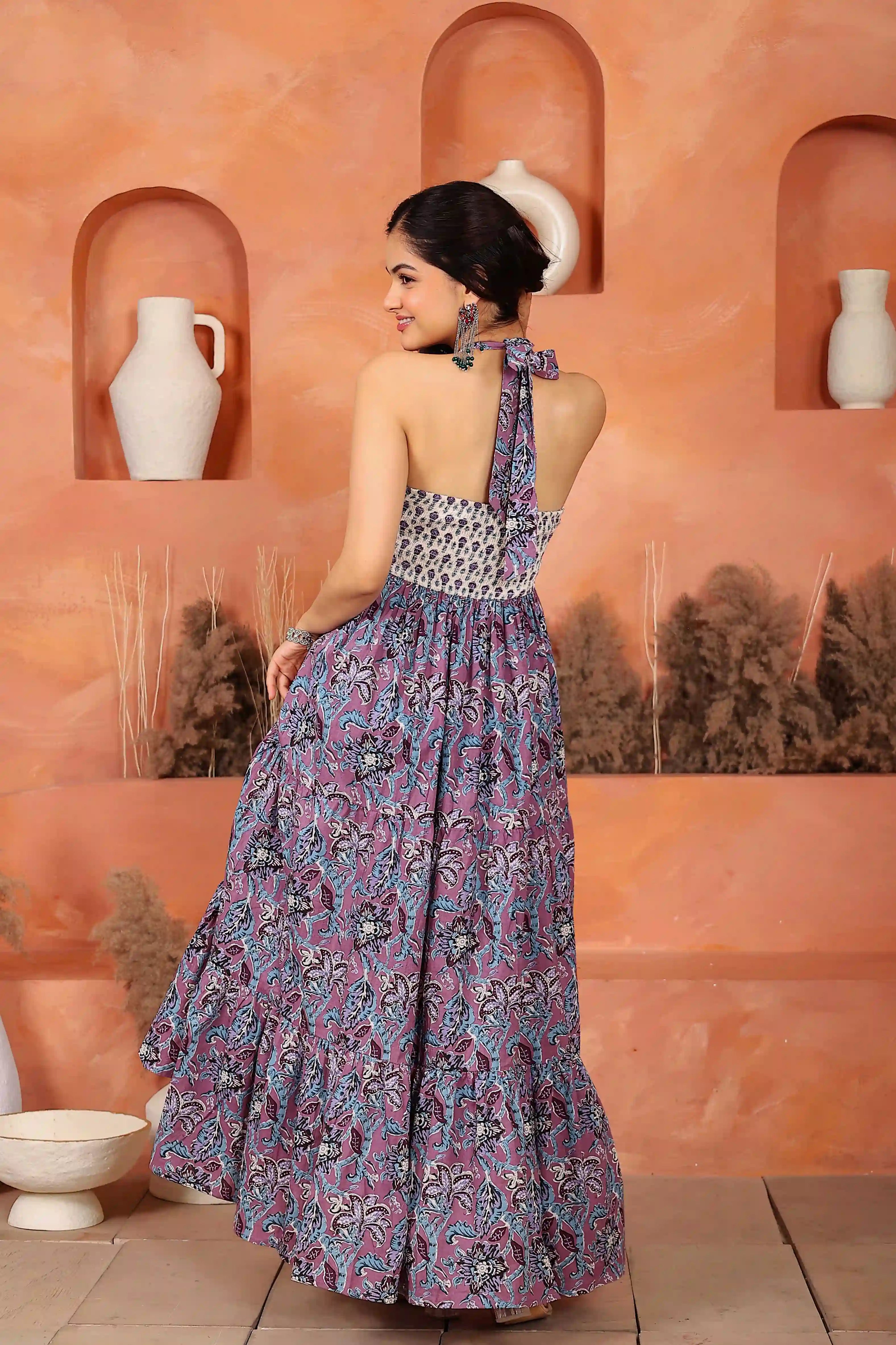 Light Violet Floral Hand Printed Halter Maxi Dress