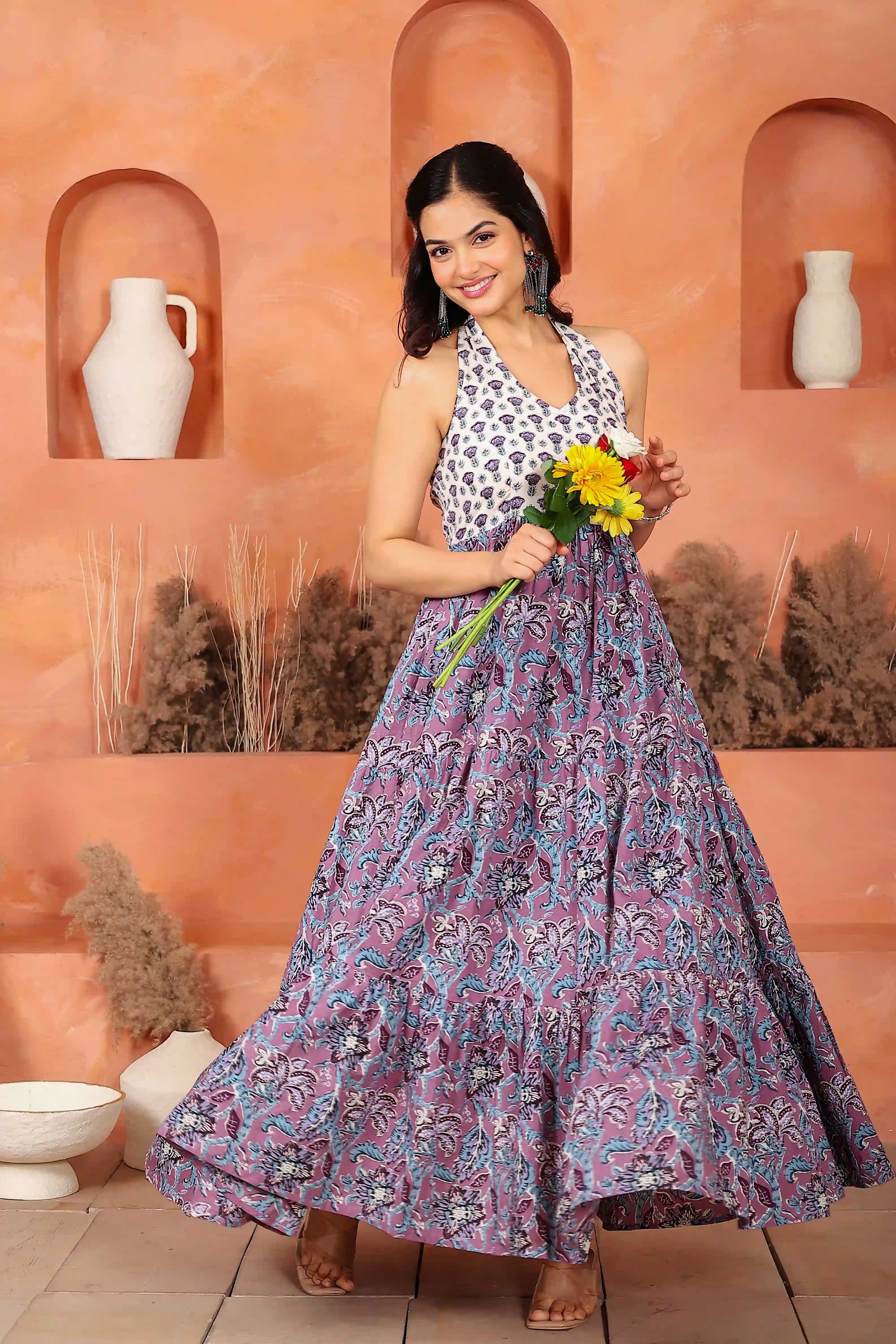 Light Violet Floral Hand Printed Halter Maxi Dress