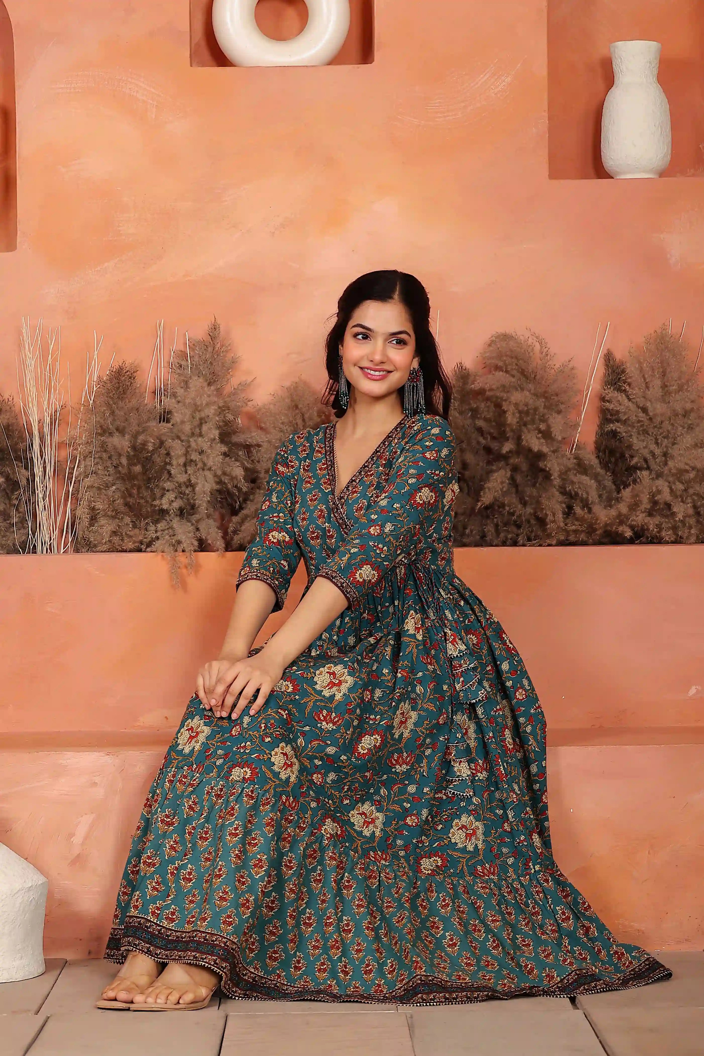Green Floral Hand Printed Angrakha Kurta