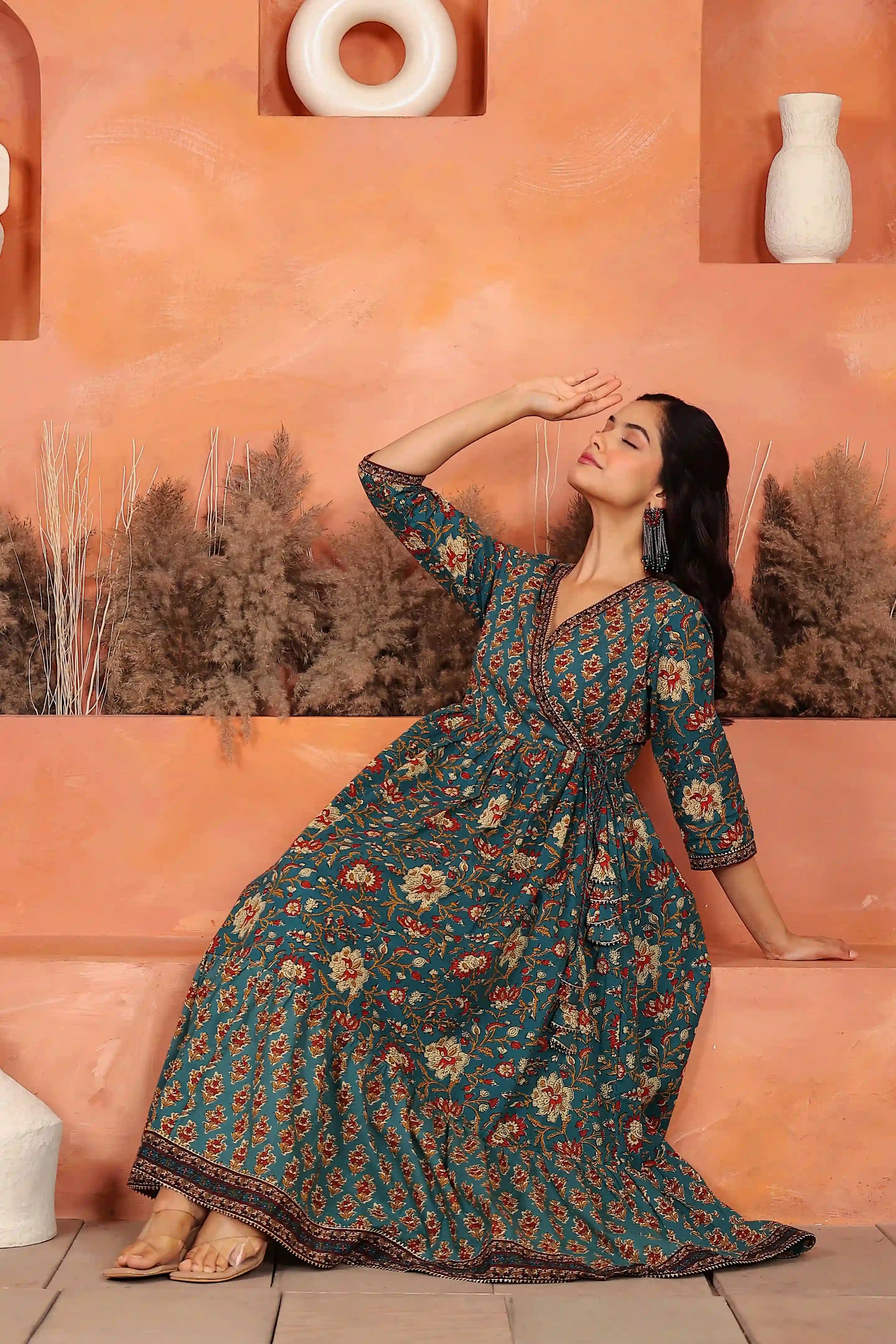Green Floral Hand Printed Angrakha Kurta