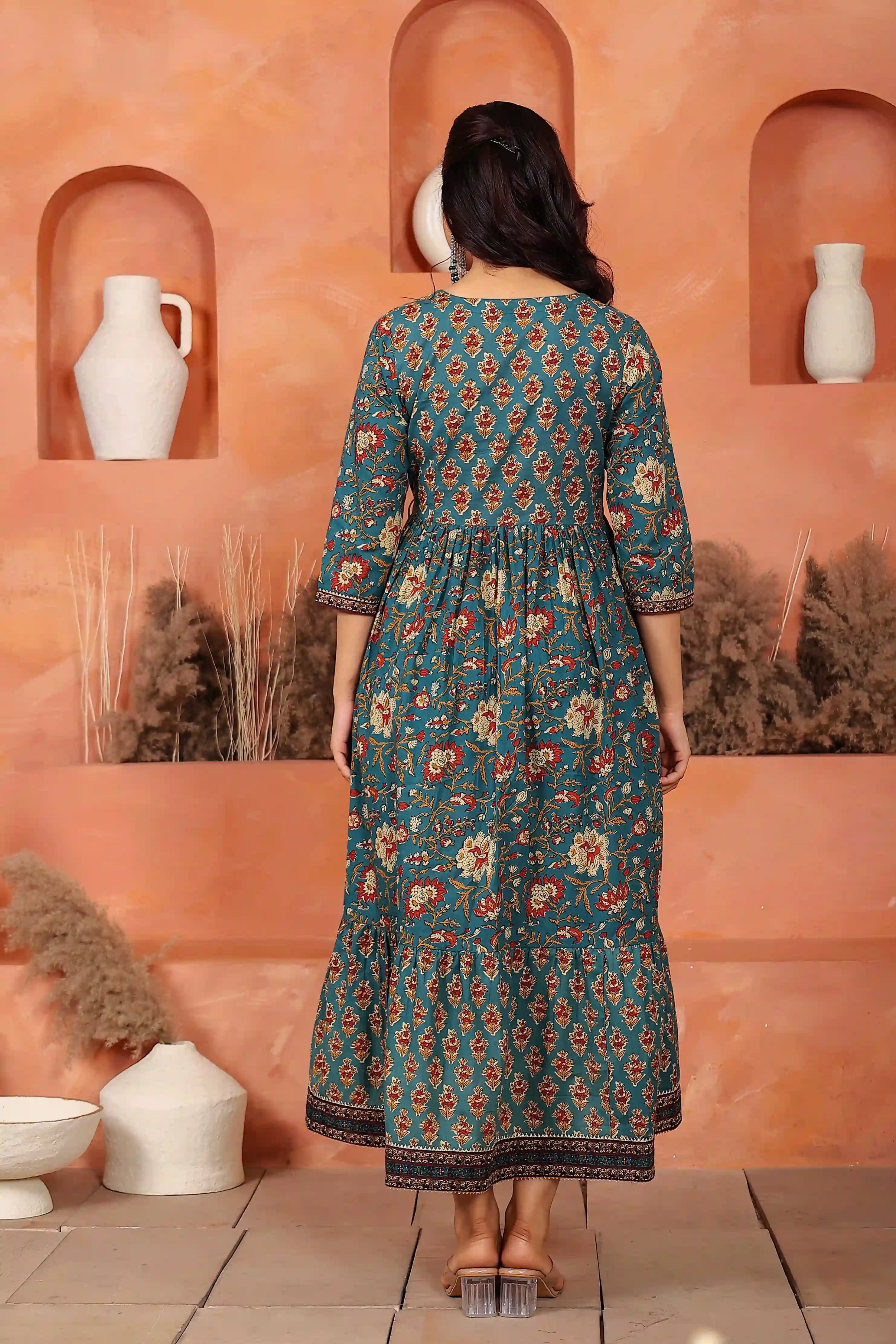 Green Floral Hand Printed Angrakha Kurta