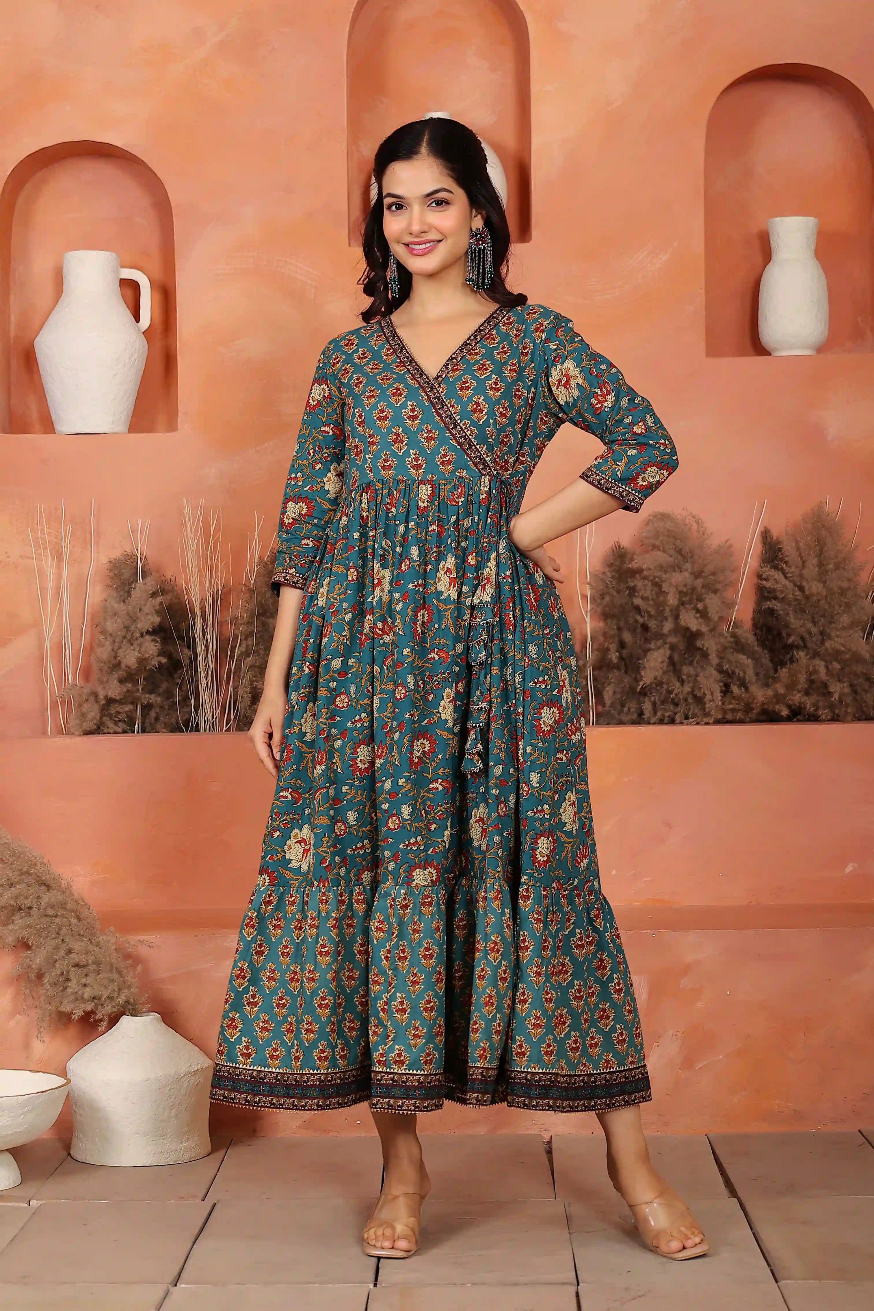 Green Floral Hand Printed Angrakha Kurta