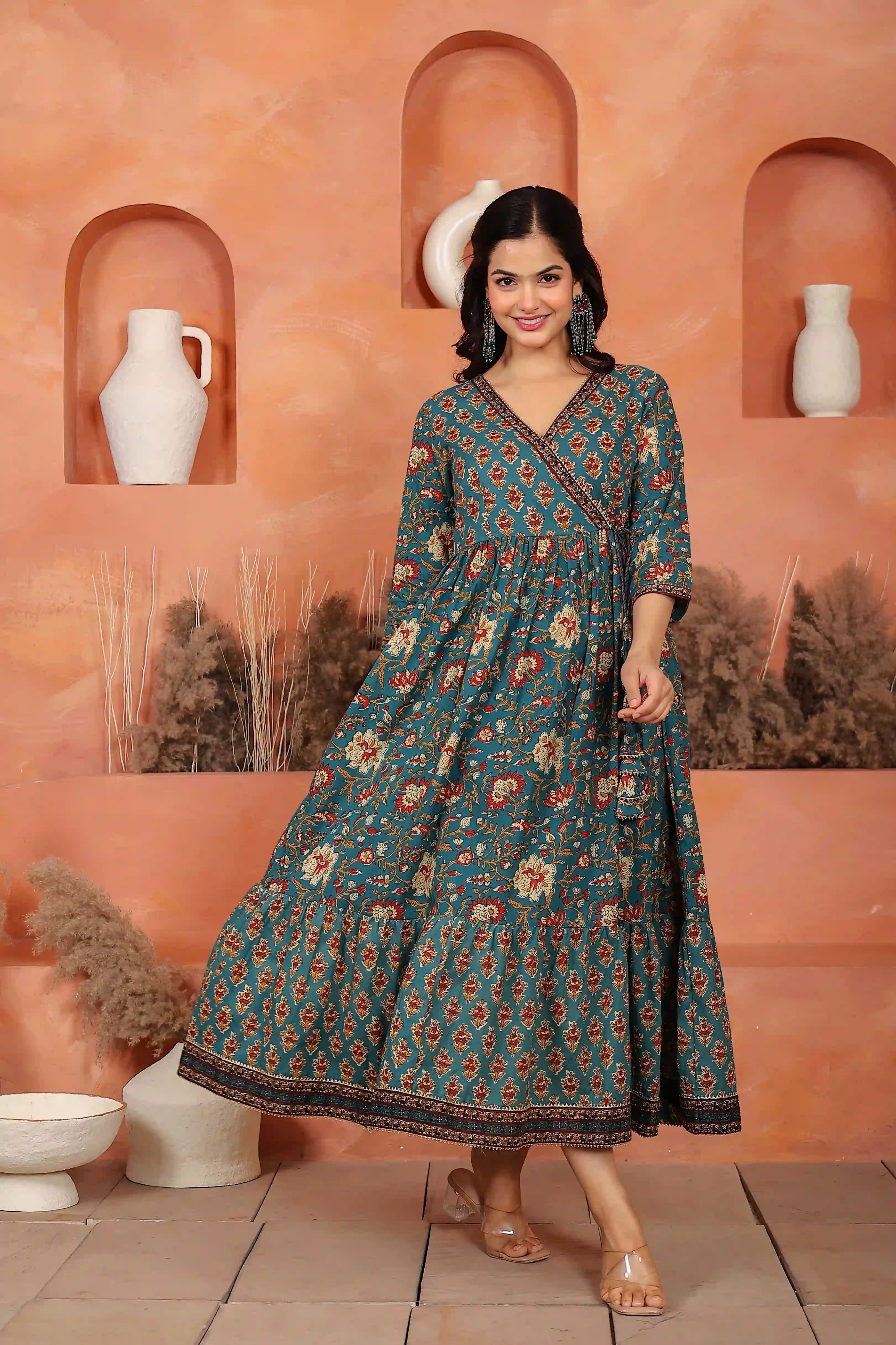 Green Floral Hand Printed Angrakha Kurta