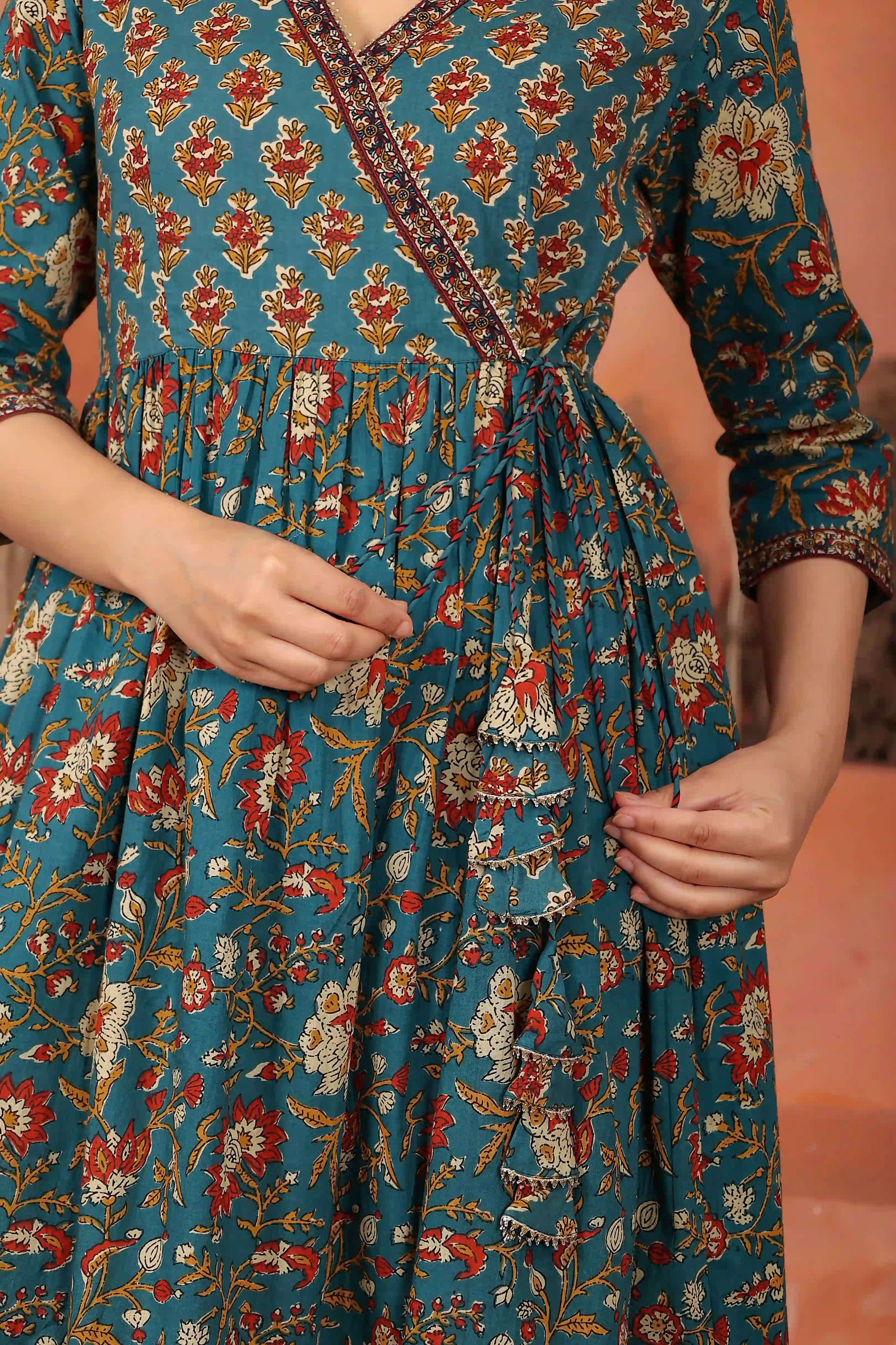 Green Floral Hand Printed Angrakha Kurta