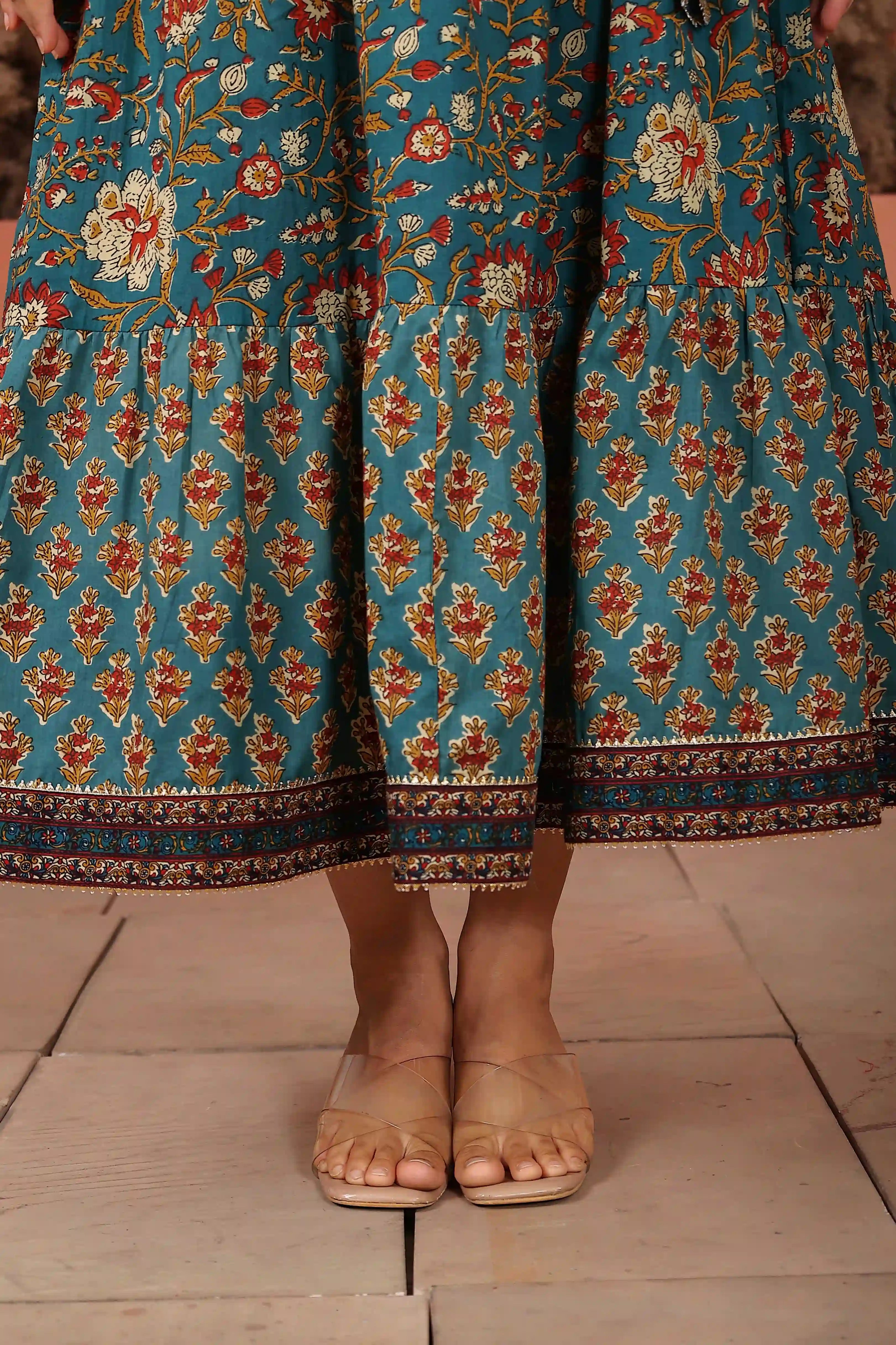Green Floral Hand Printed Angrakha Kurta