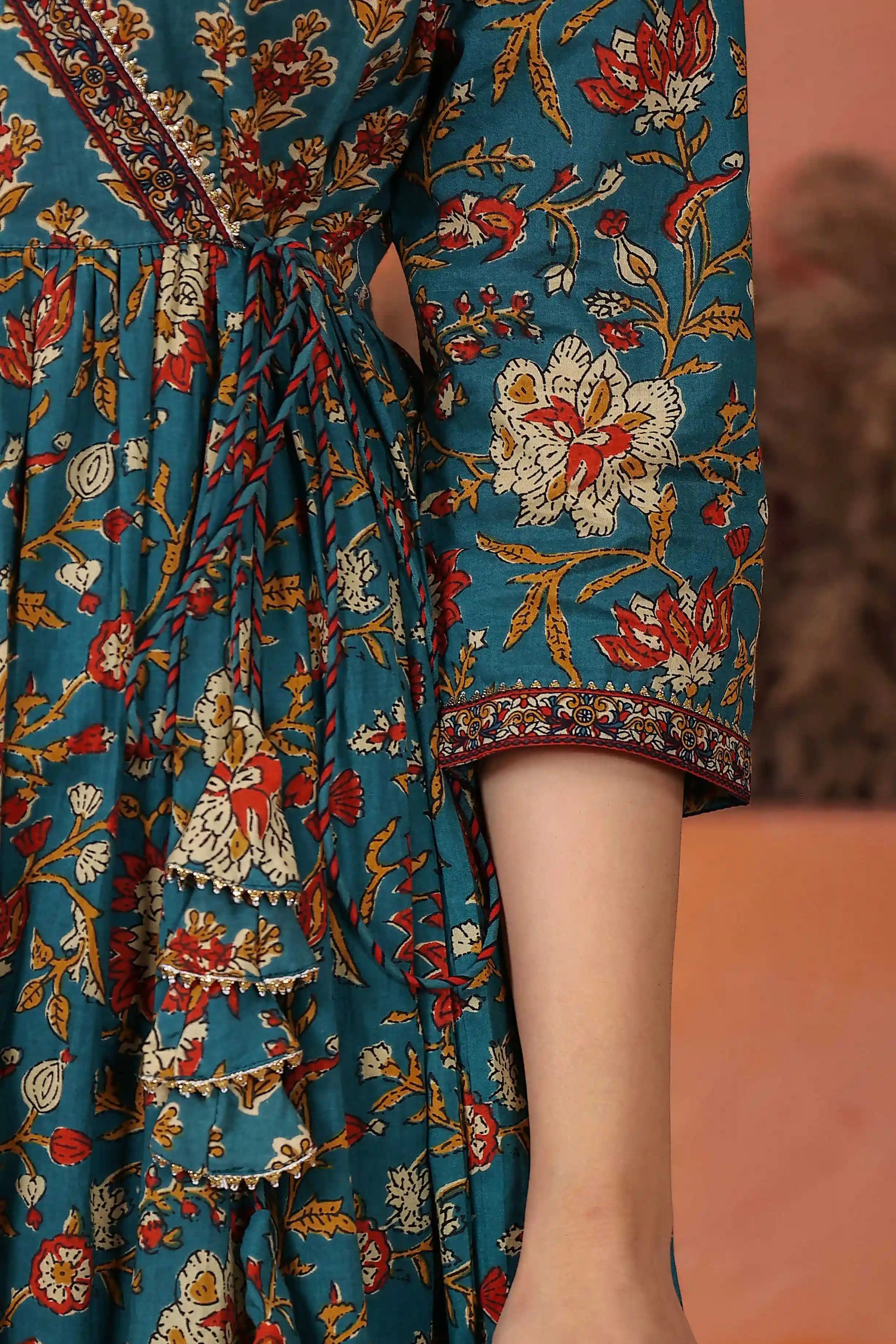 Green Floral Hand Printed Angrakha Kurta