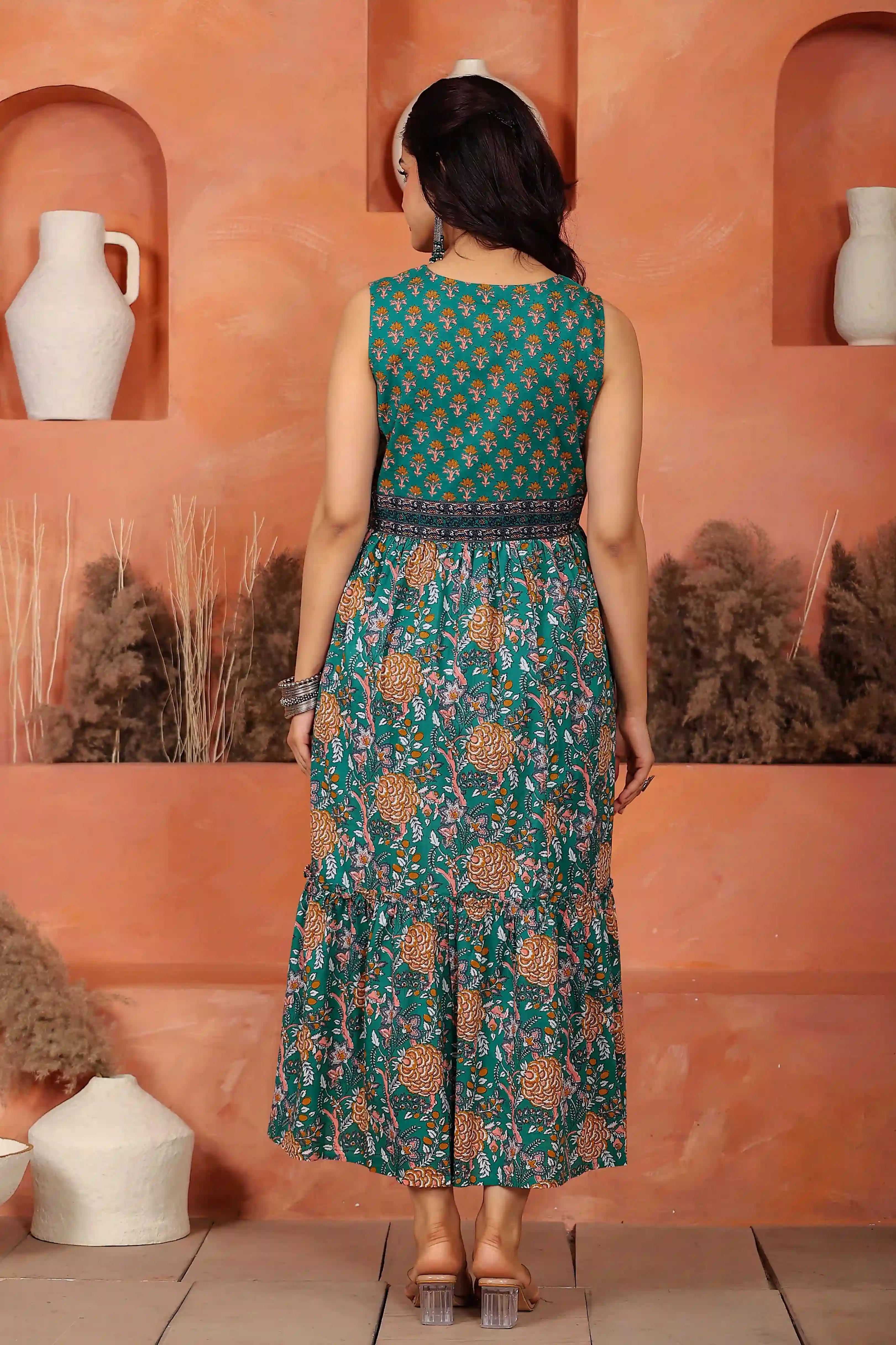 Dark Green Floral Hand Printed Cotton Sleeveless Dress