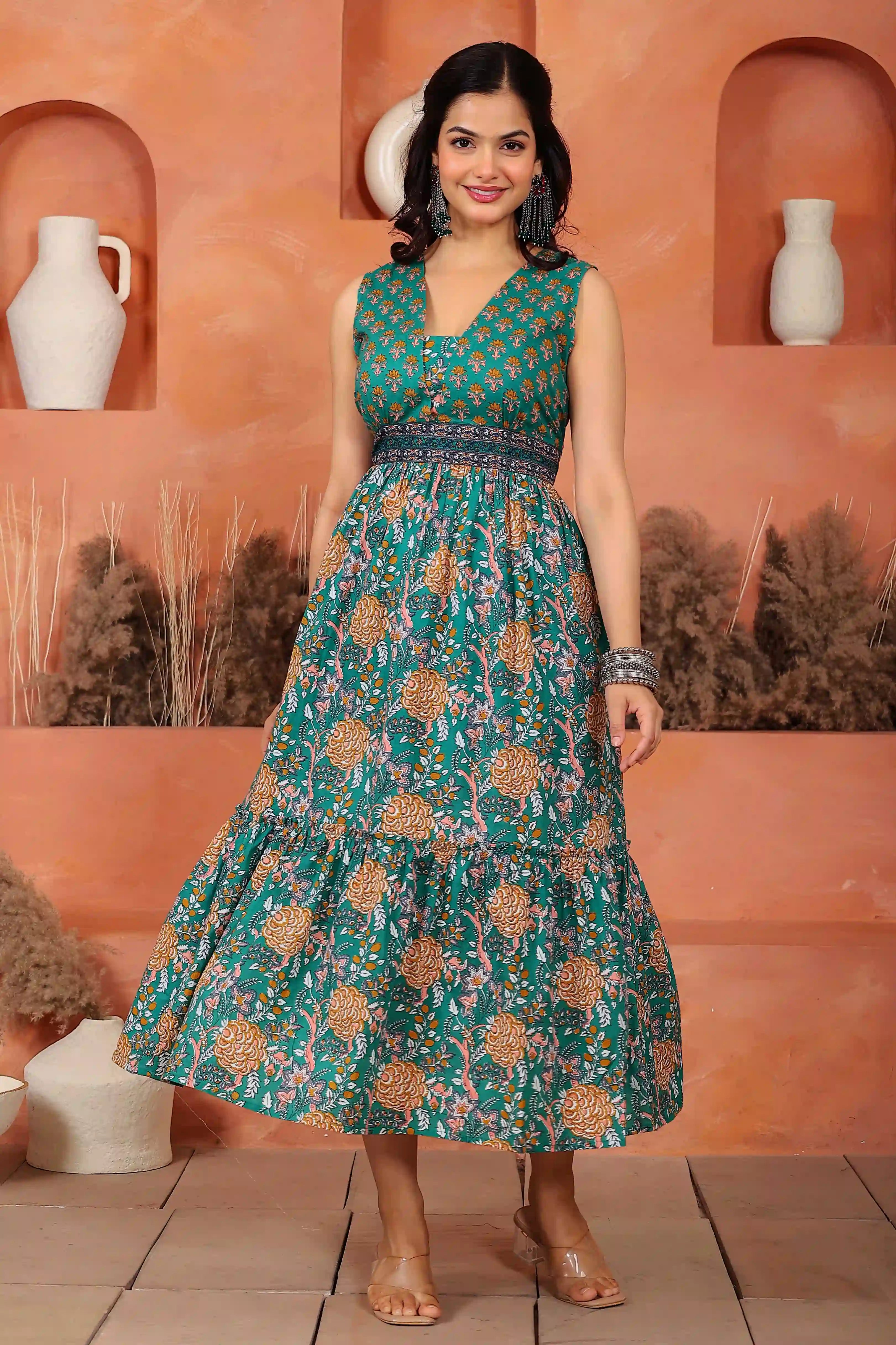 Dark Green Floral Hand Printed Cotton Sleeveless Dress