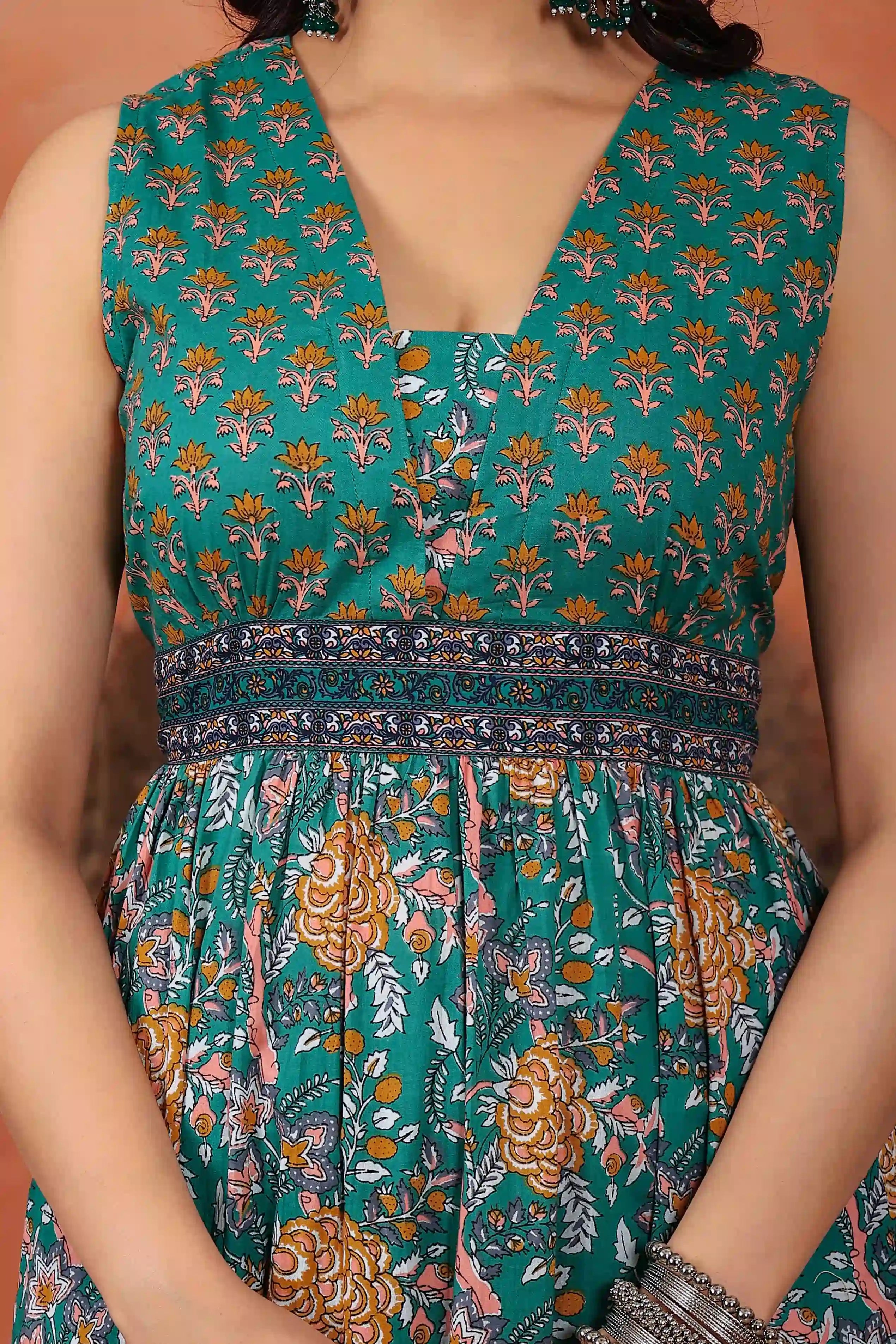 Dark Green Floral Hand Printed Cotton Sleeveless Dress