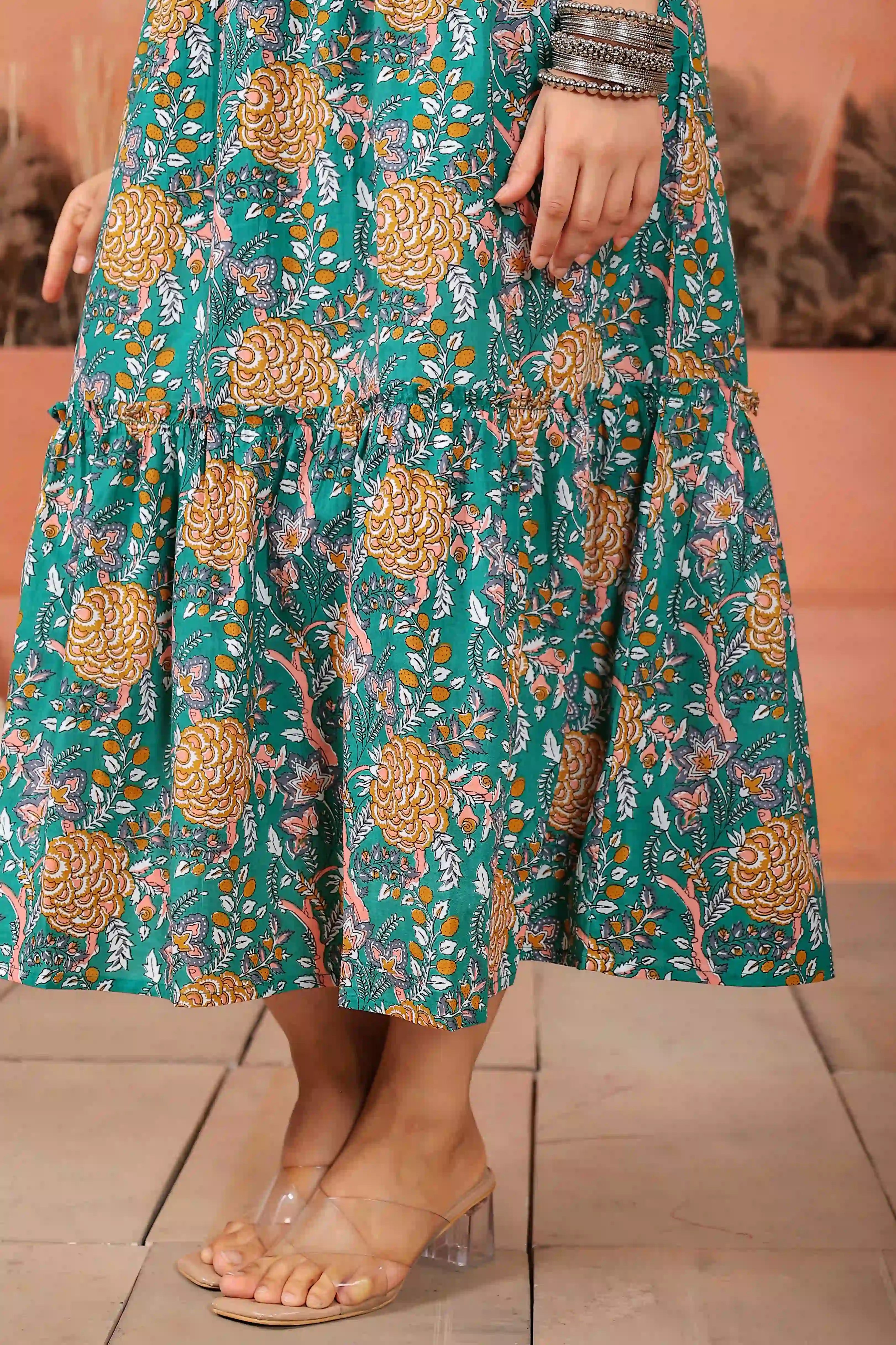 Dark Green Floral Hand Printed Cotton Sleeveless Dress