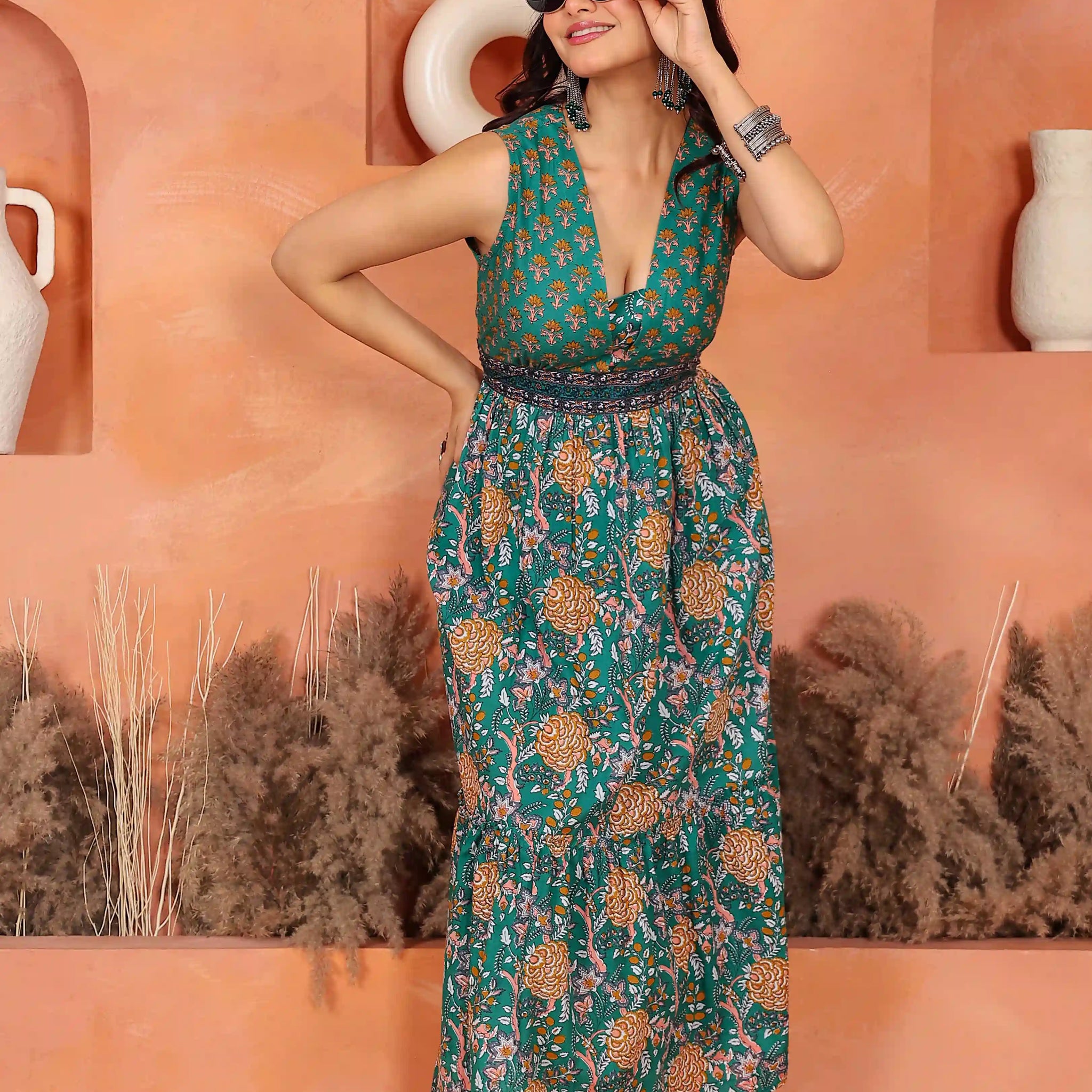 Dark Green Floral Hand Printed Cotton Sleeveless Dress