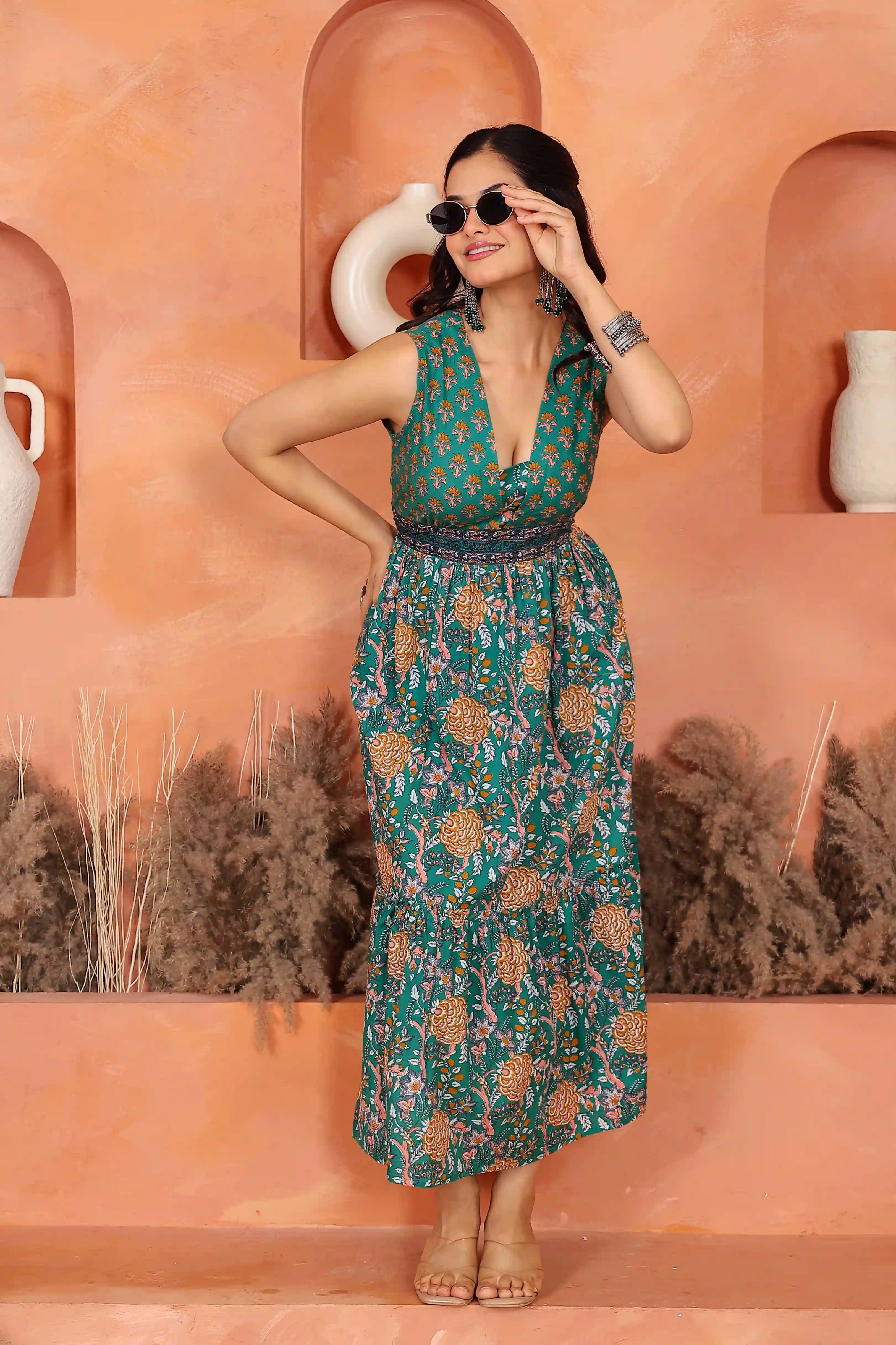 Dark Green Floral Hand Printed Cotton Sleeveless Dress