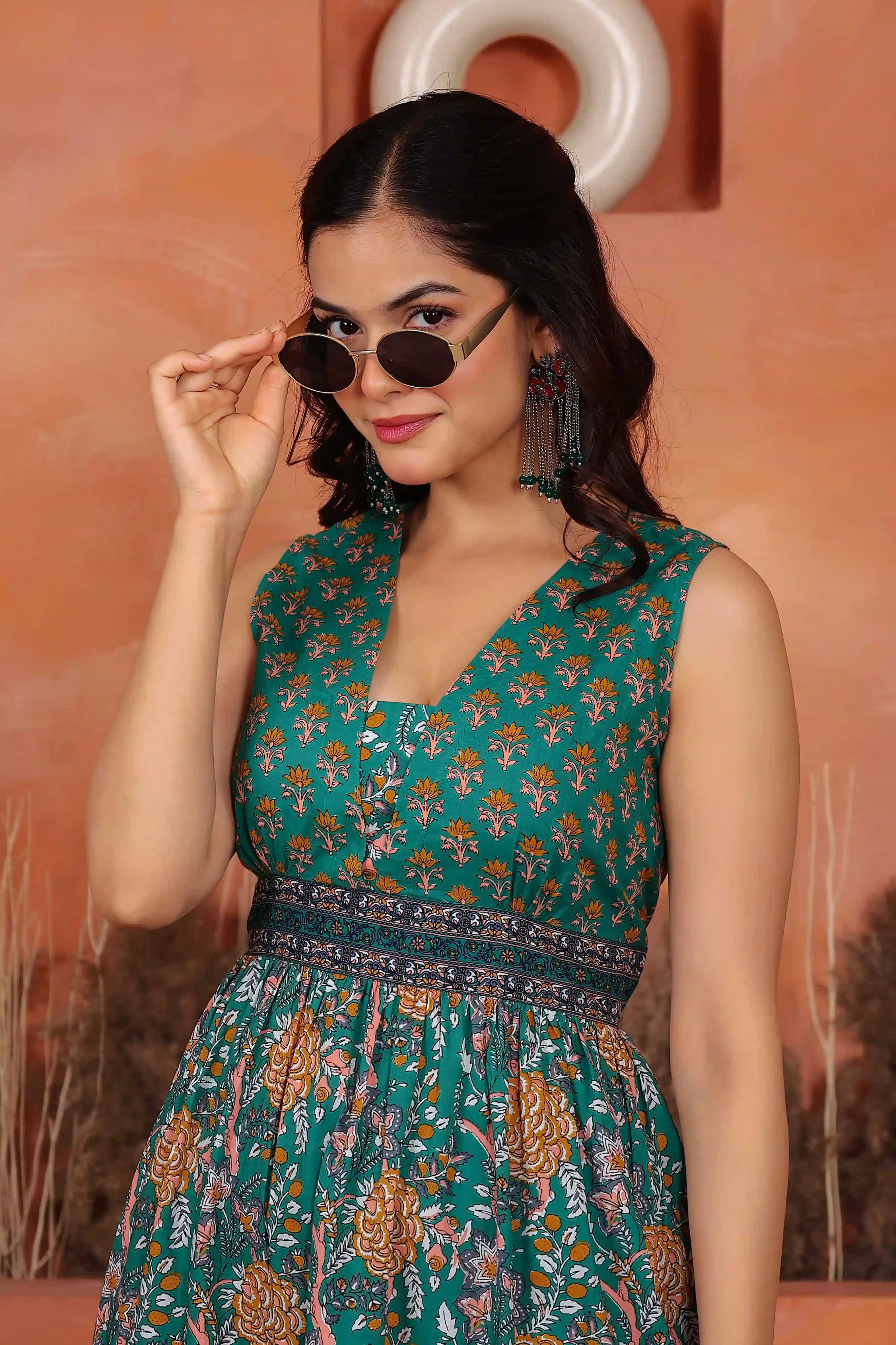 Dark Green Floral Hand Printed Cotton Sleeveless Dress