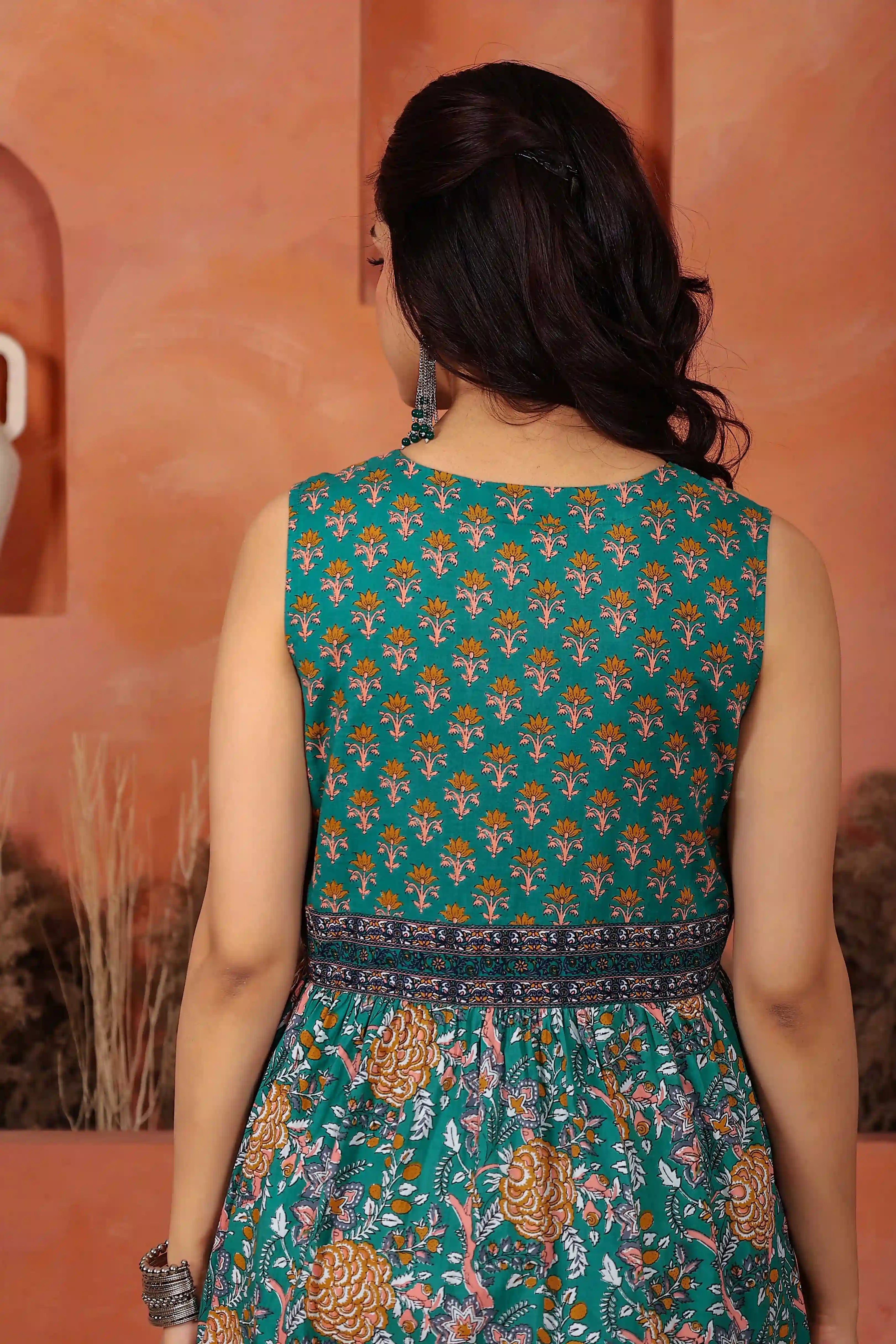 Dark Green Floral Hand Printed Cotton Sleeveless Dress