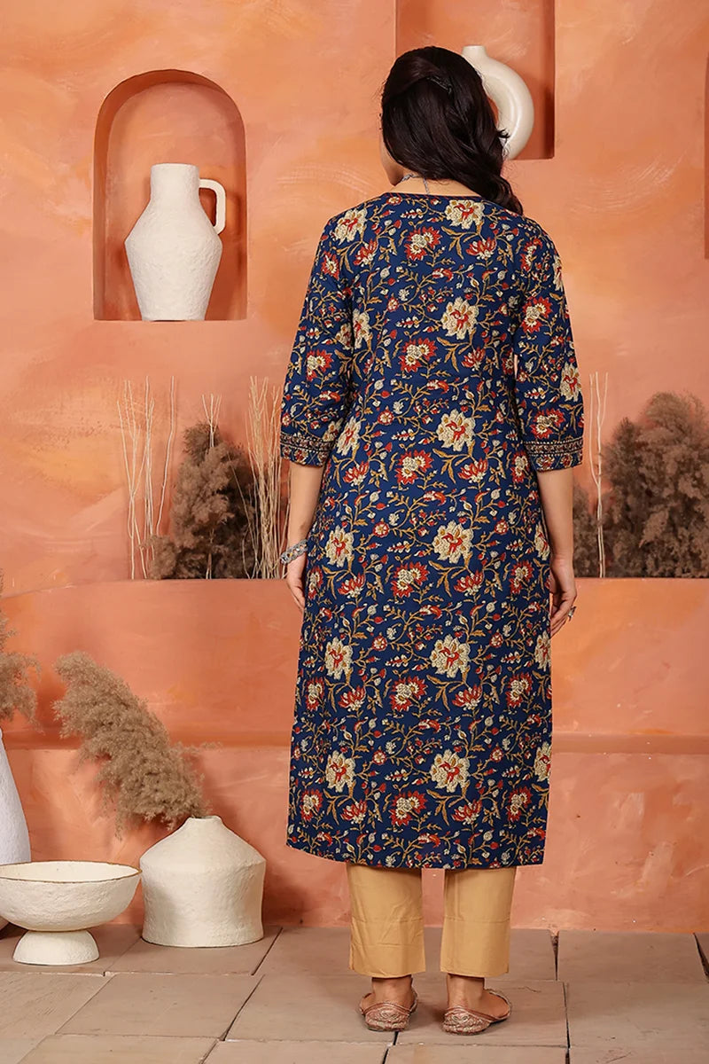 Navy Floral Hand Print Kurta