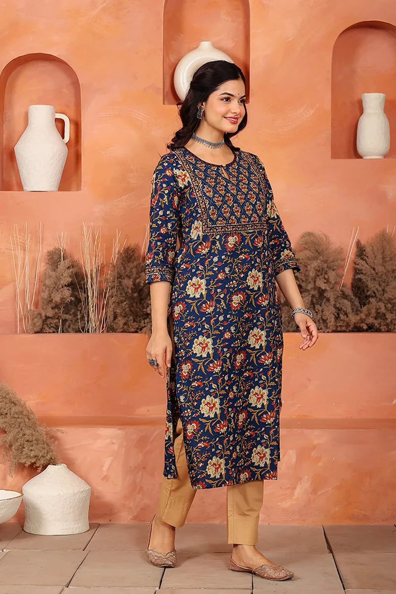 Navy Floral Hand Print Kurta