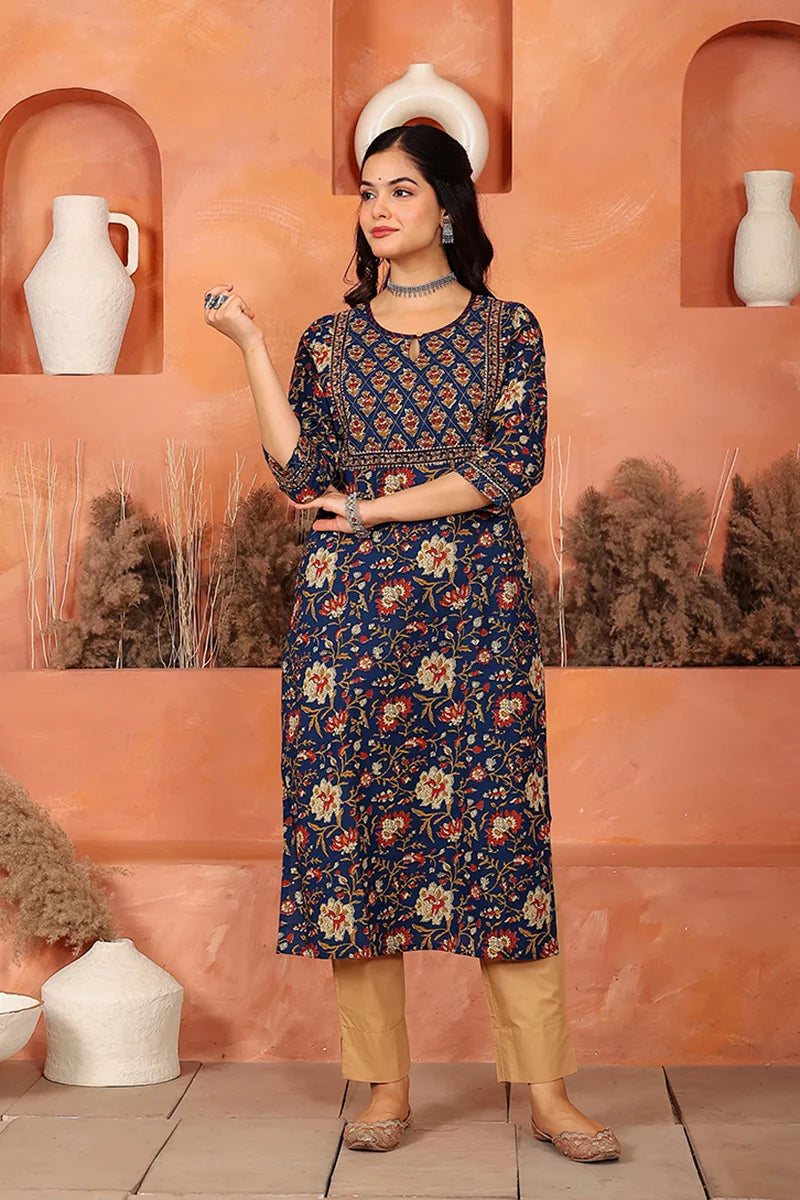 Navy Floral Hand Print Kurta