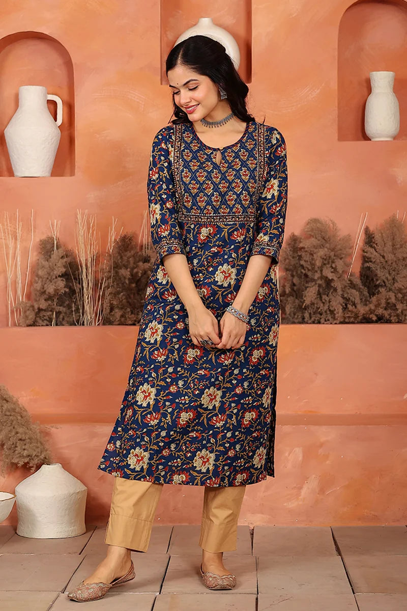 Navy Floral Hand Print Kurta