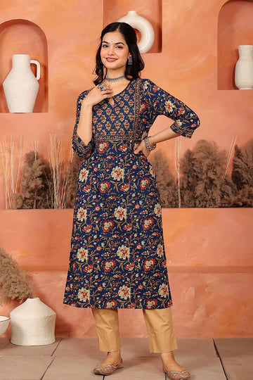 Navy Floral Hand Print Kurta
