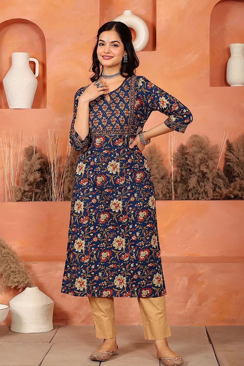 Navy Floral Hand Print Kurta