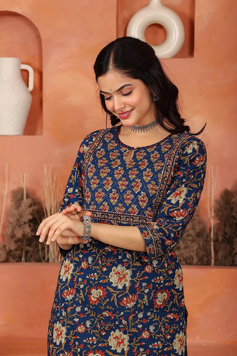 Navy Floral Hand Print Kurta