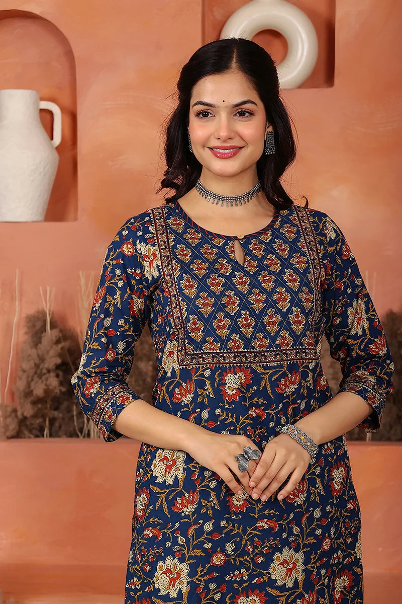 Navy Floral Hand Print Kurta