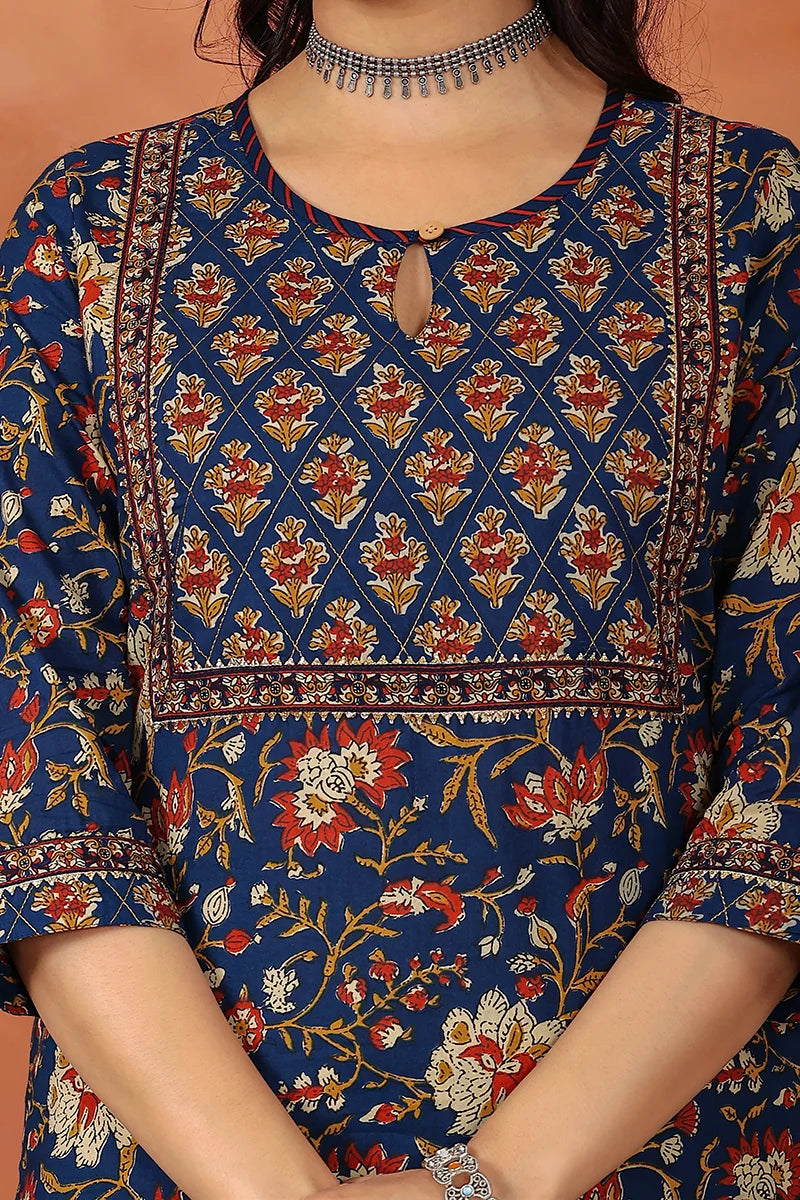 Navy Floral Hand Print Kurta