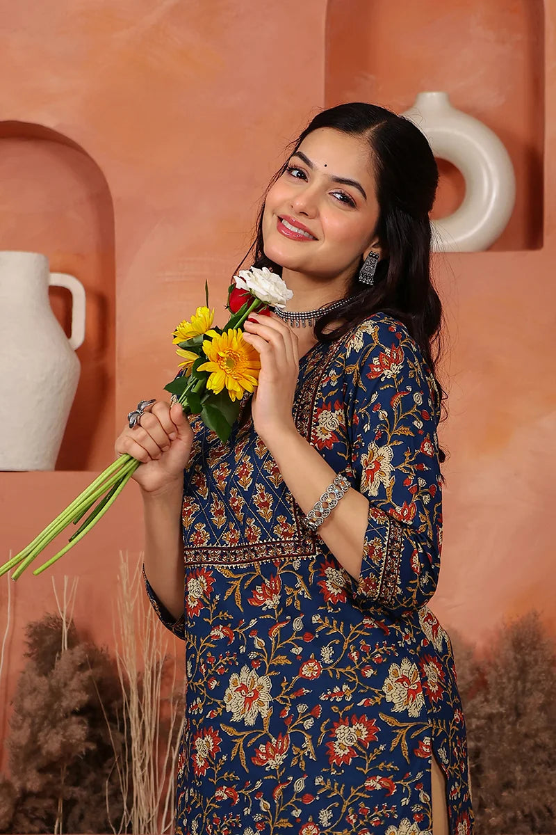 Navy Floral Hand Print Kurta