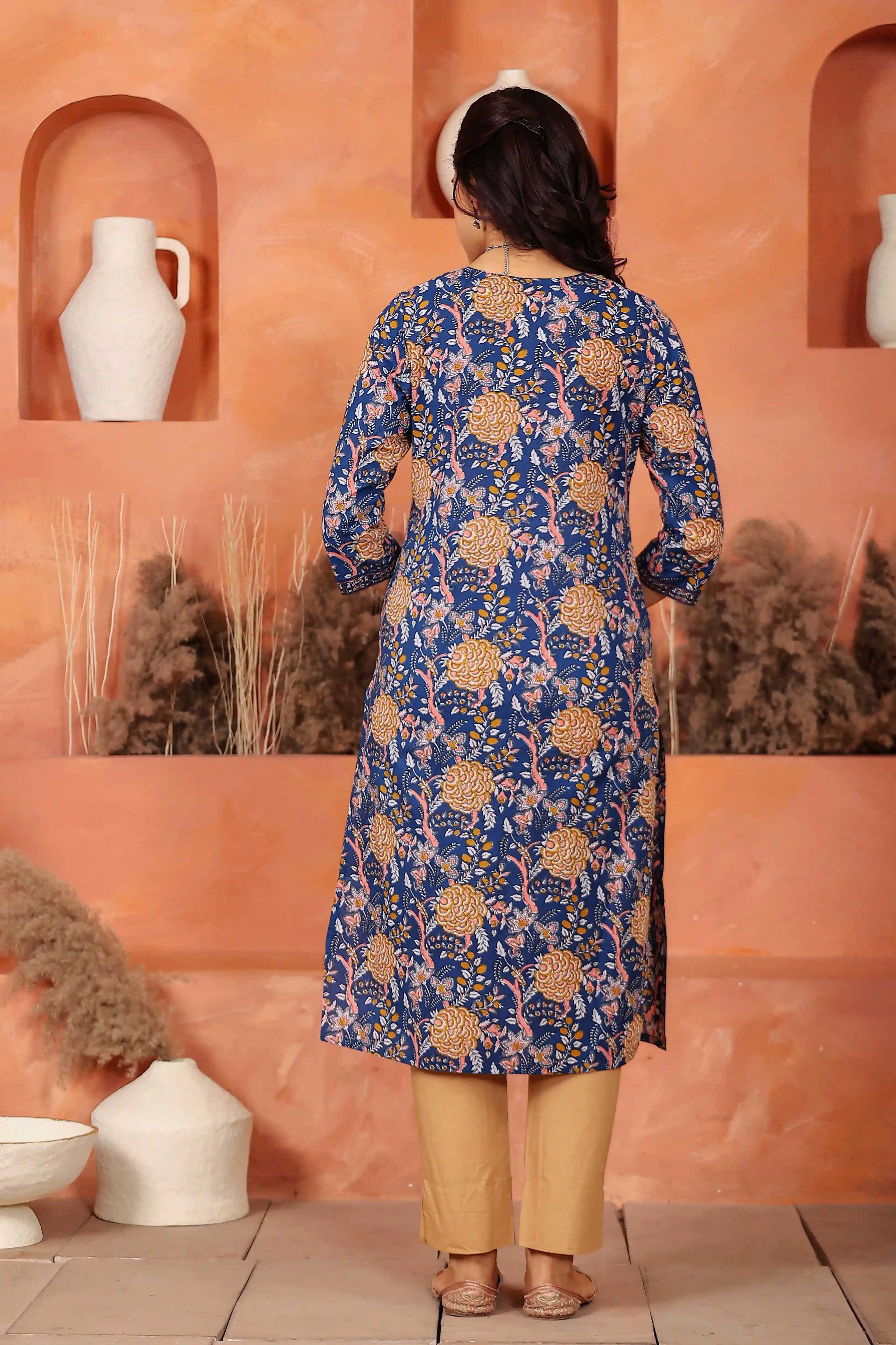 Dark Blue Floral Printed Kurta