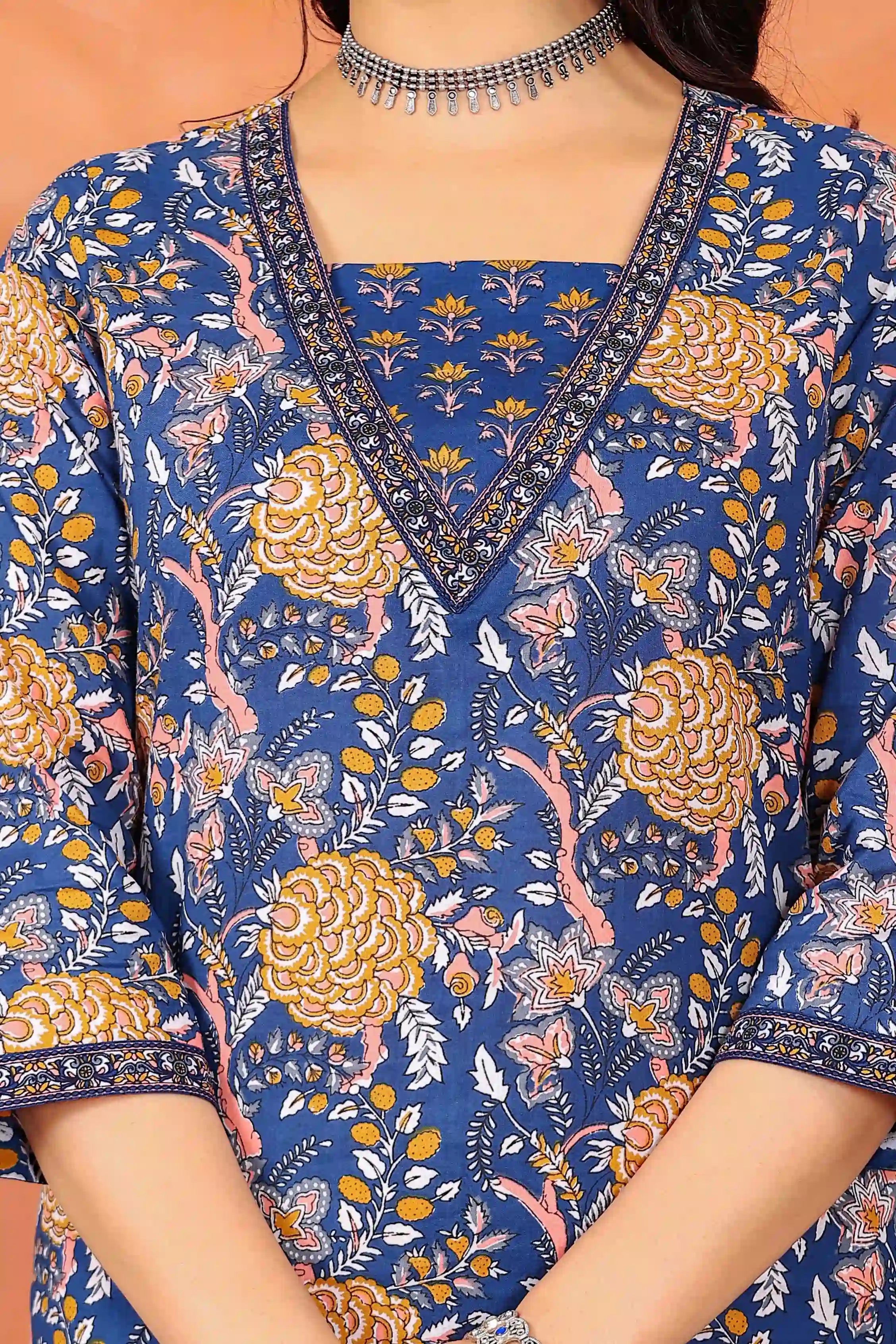Dark Blue Floral Printed Kurta