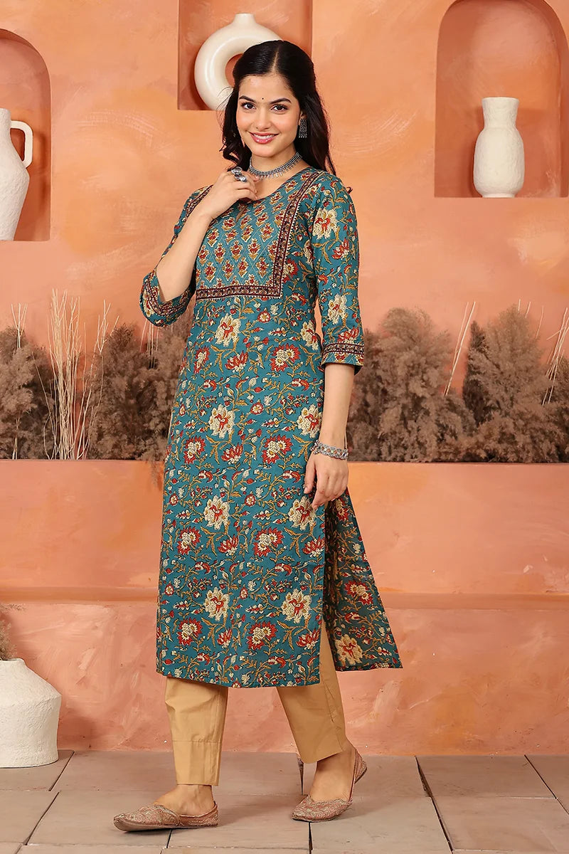Green Floral Hand Print Kurta