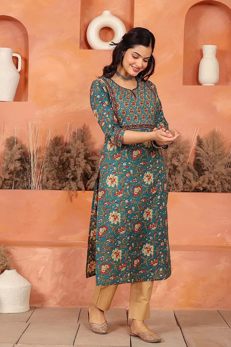 Green Floral Hand Print Kurta