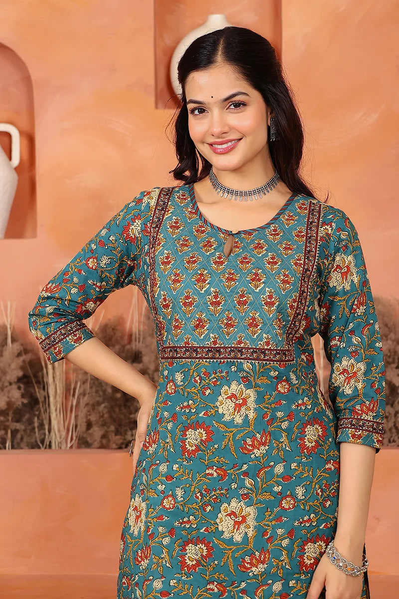Green Floral Hand Print Kurta