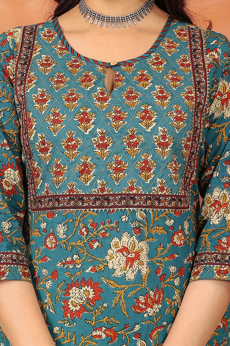 Green Floral Hand Print Kurta