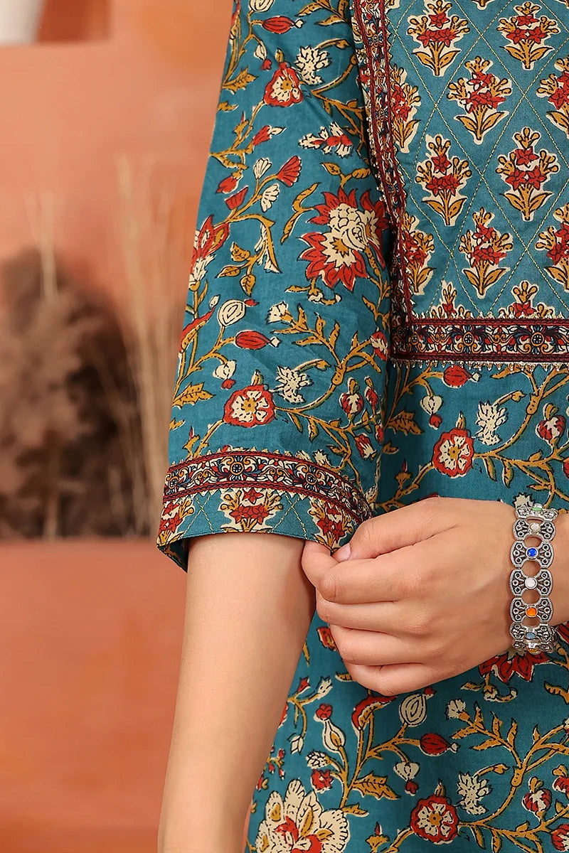 Green Floral Hand Print Kurta