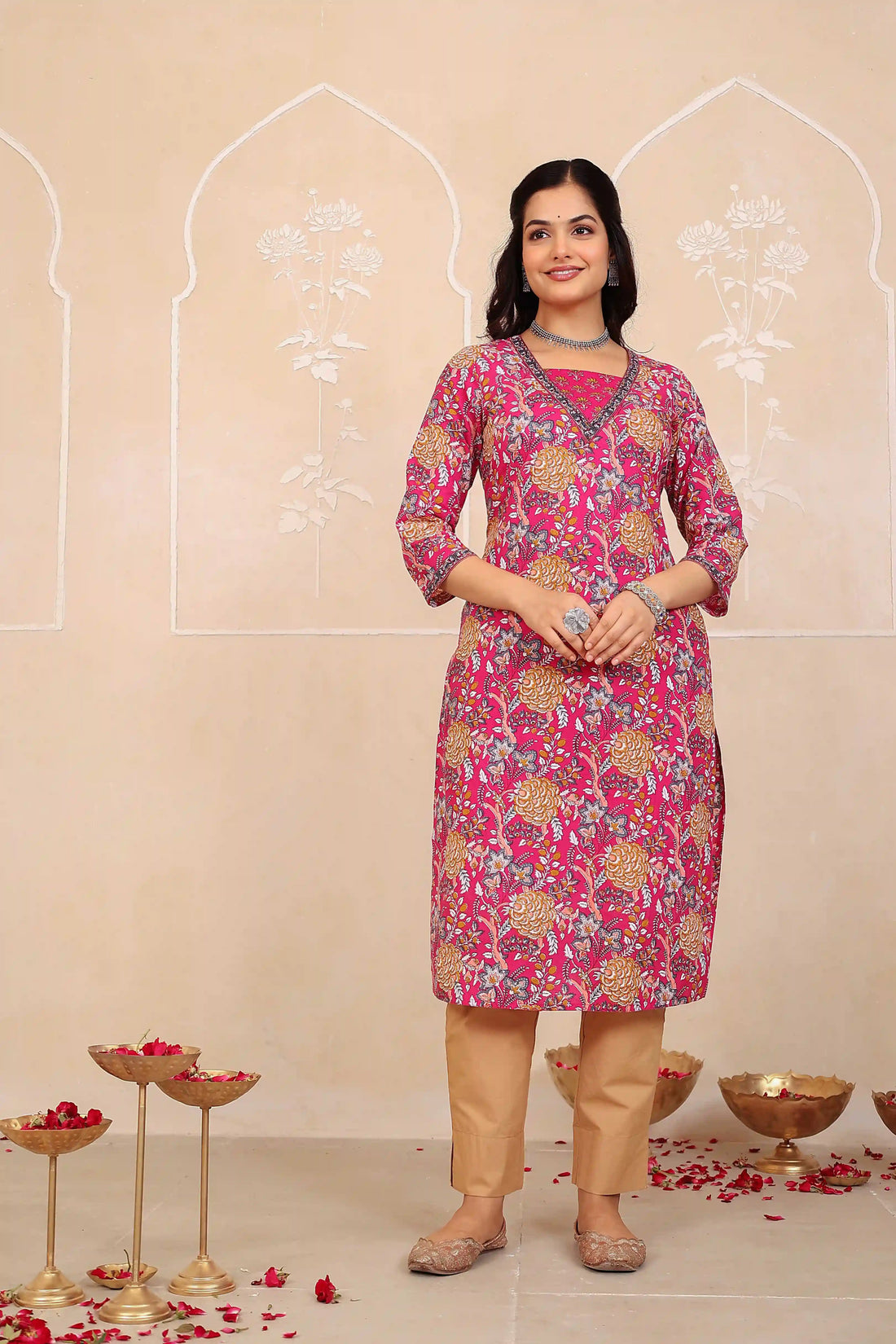Dark Pink Floral Printed Kurta