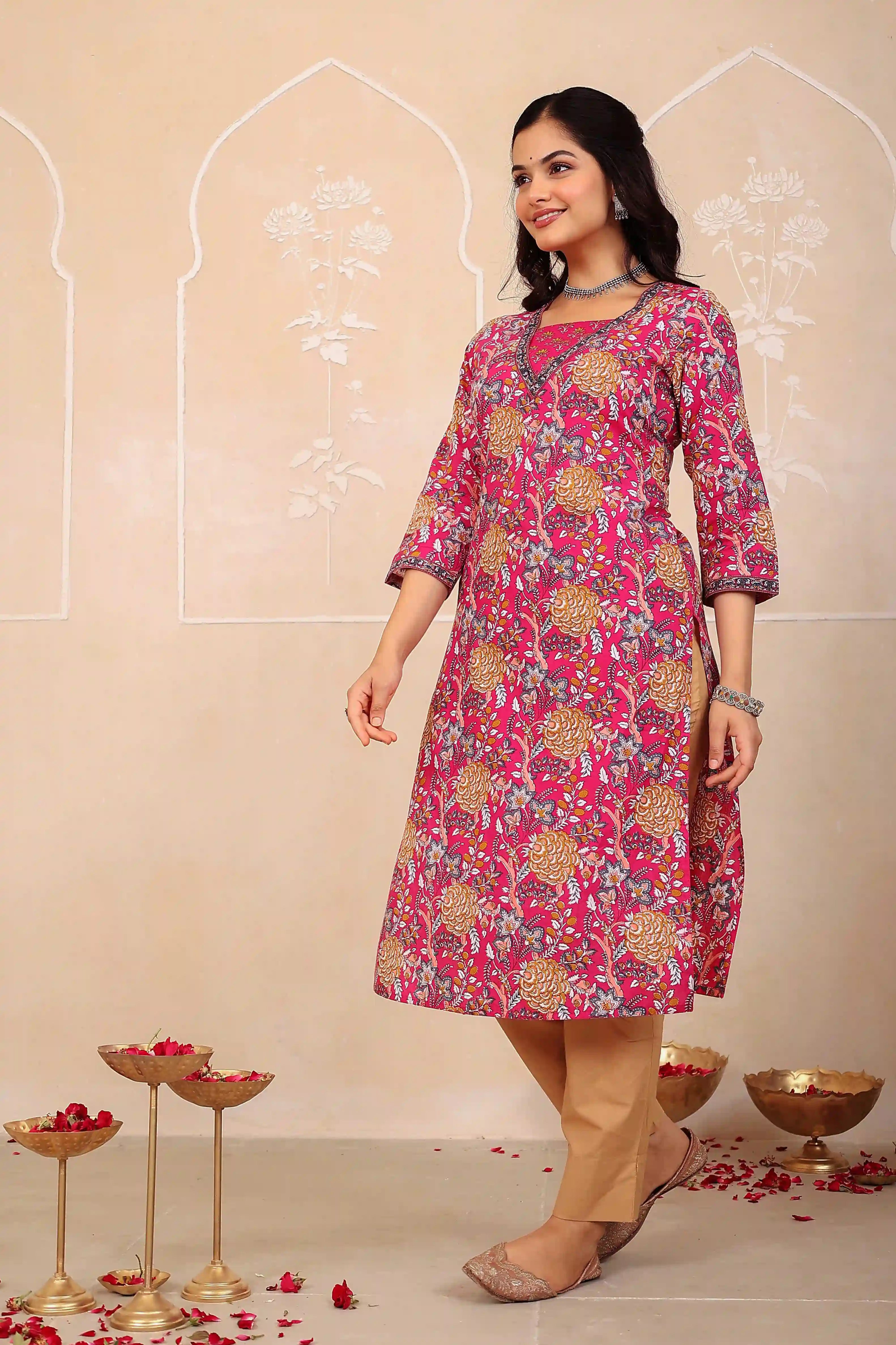Dark Pink Floral Printed Kurta