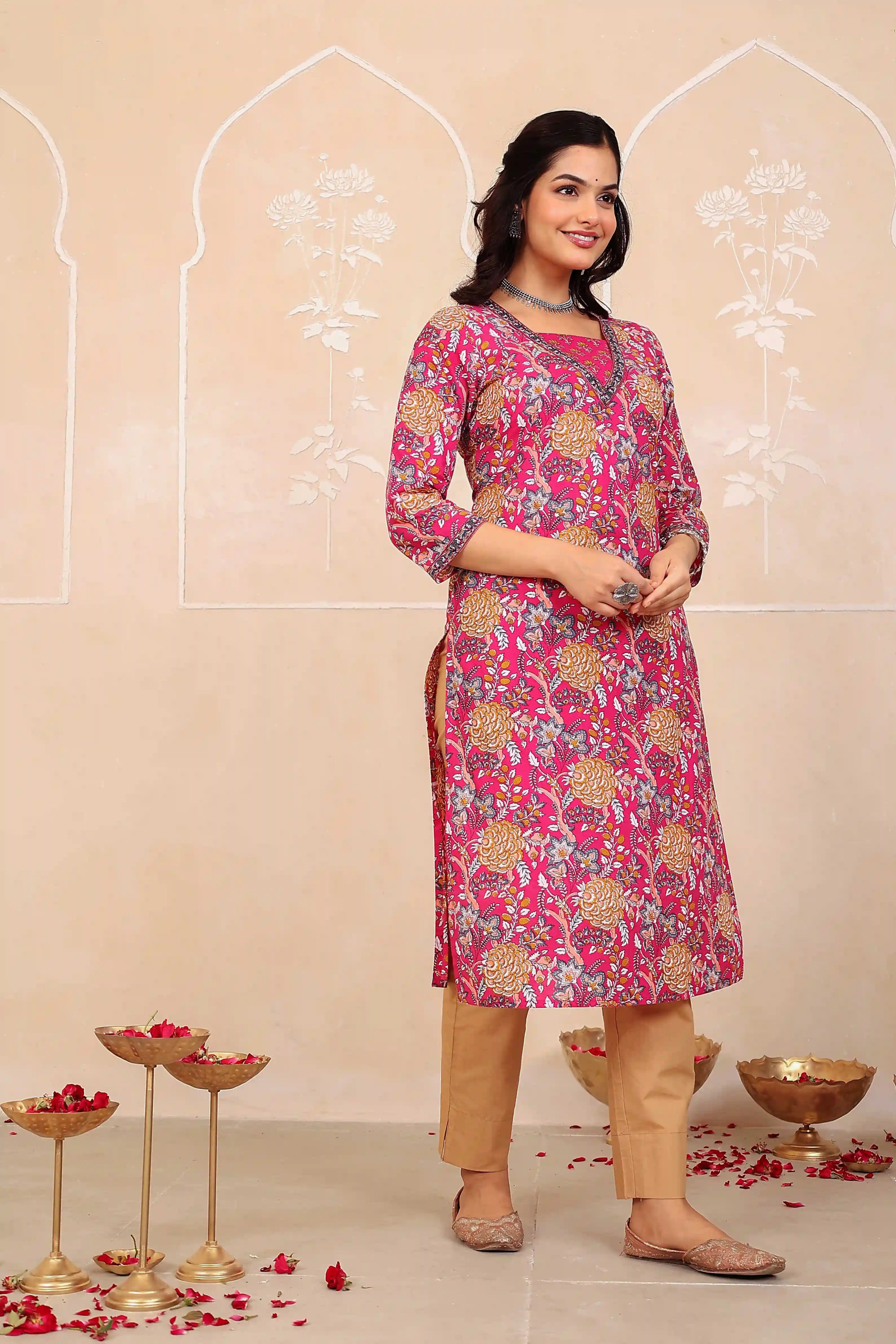 Dark Pink Floral Printed Kurta