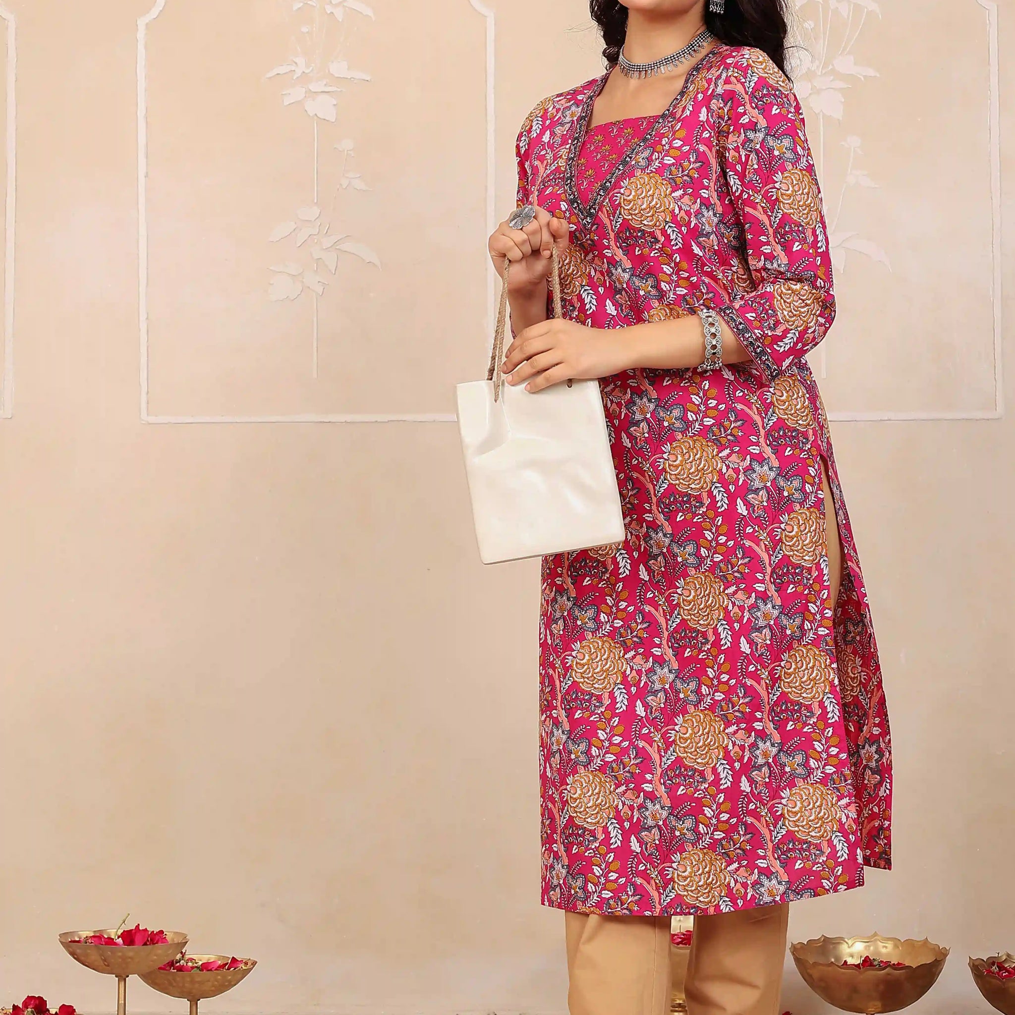 Dark Pink Floral Printed Kurta