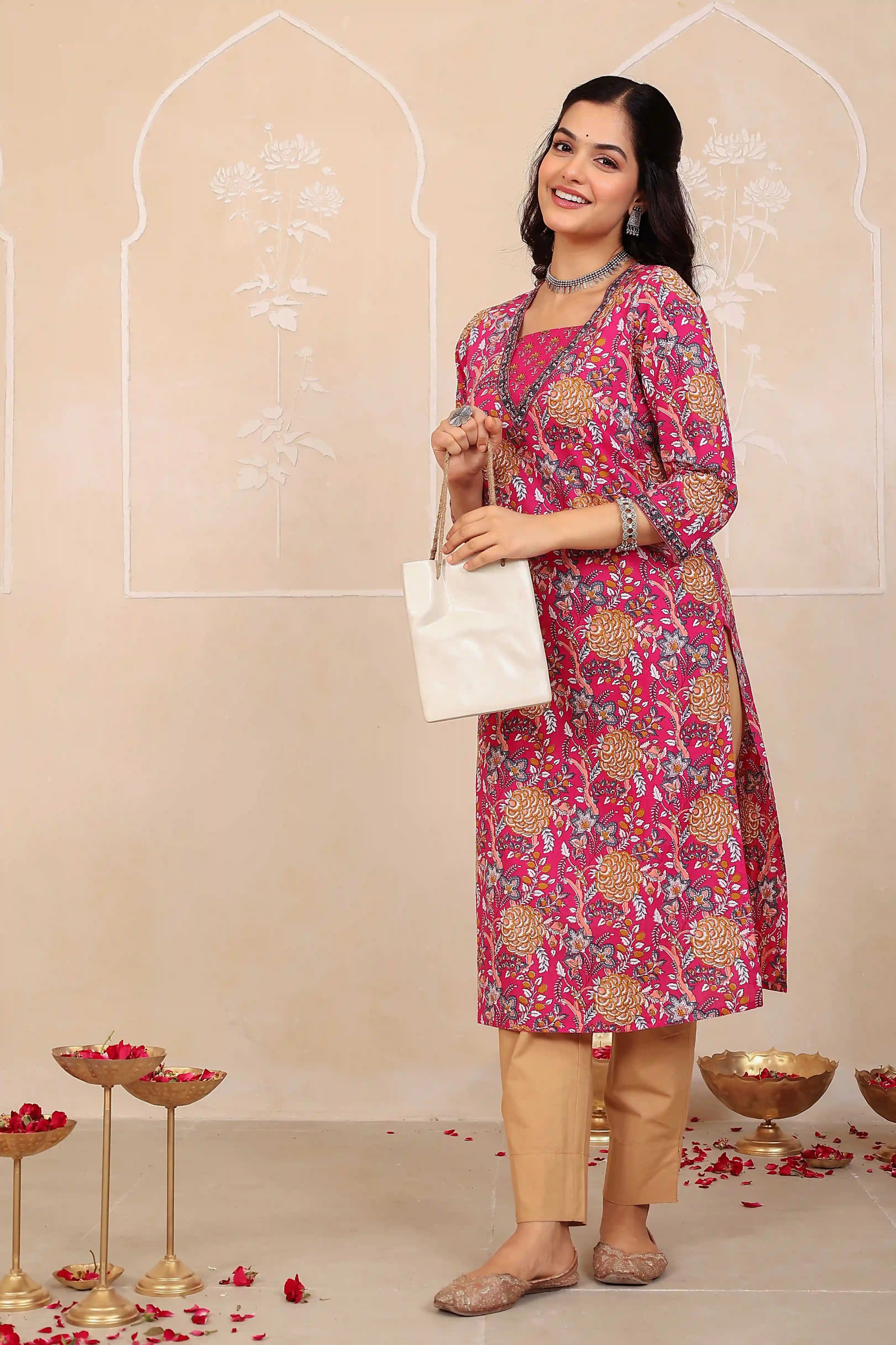 Dark Pink Floral Printed Kurta