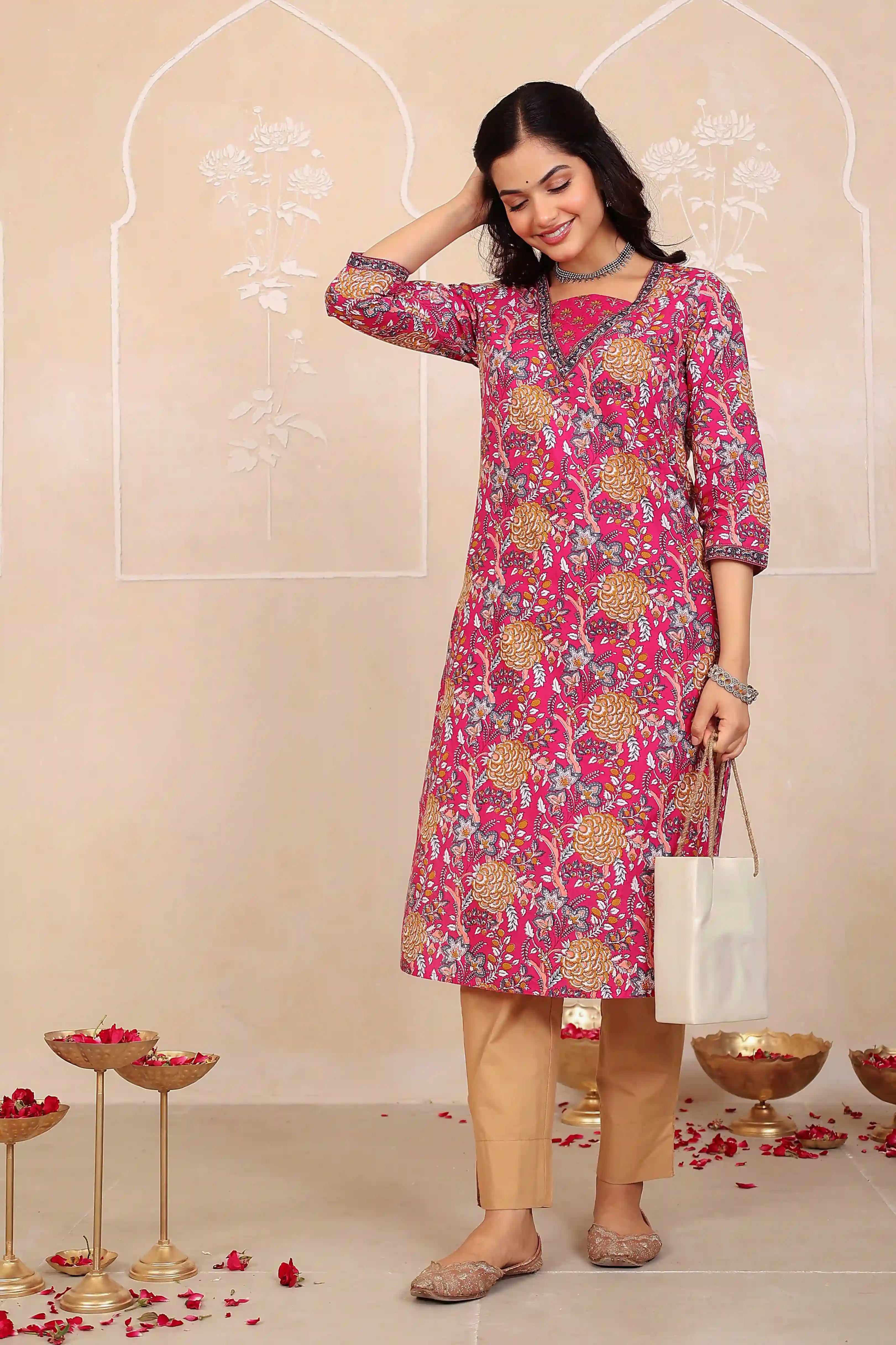 Dark Pink Floral Printed Kurta