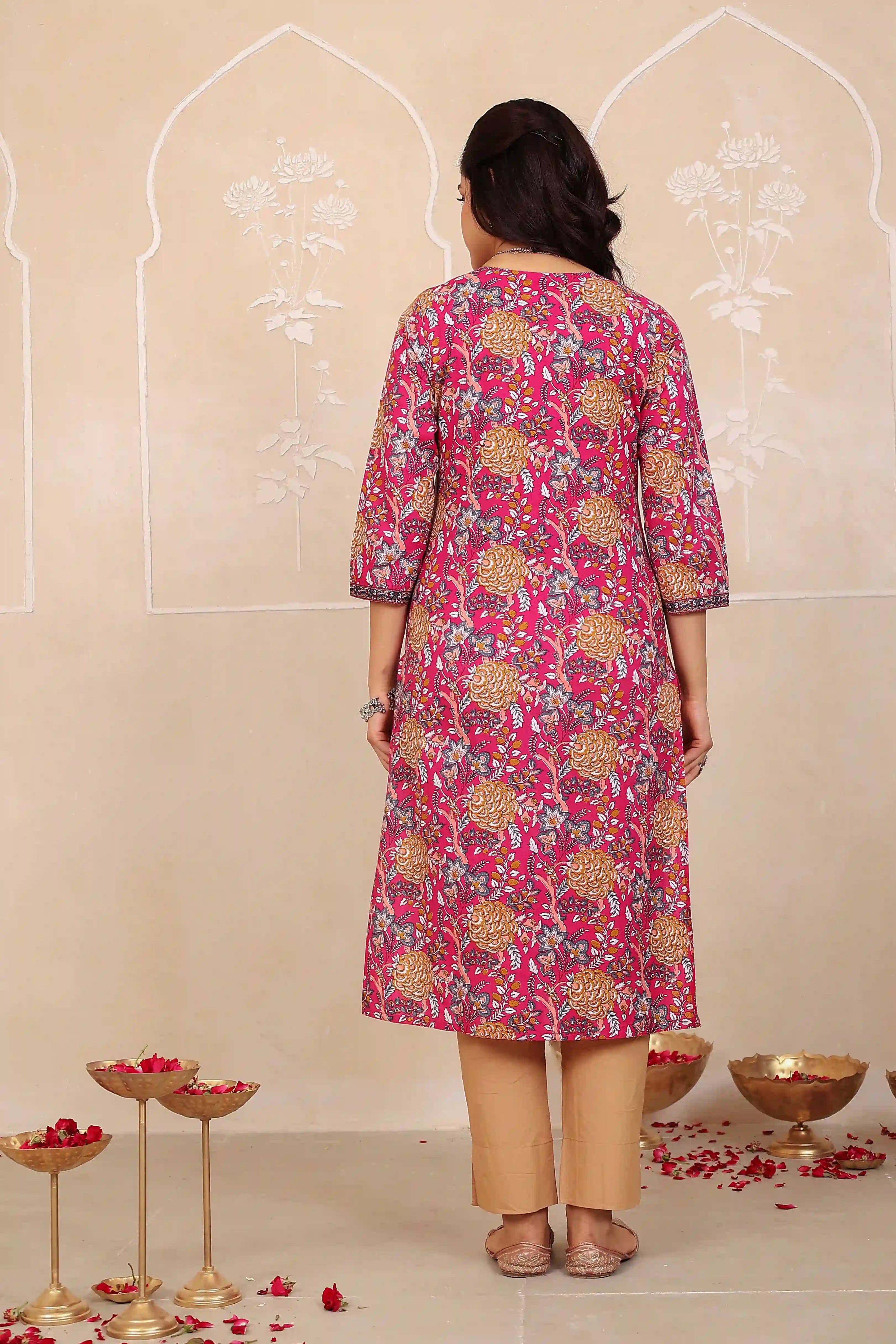 Dark Pink Floral Printed Kurta